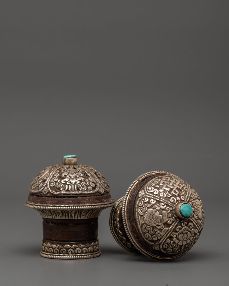 Brocade Thangka Stick Cap | Handcrafted Wooden Body with Silver and Turquoise