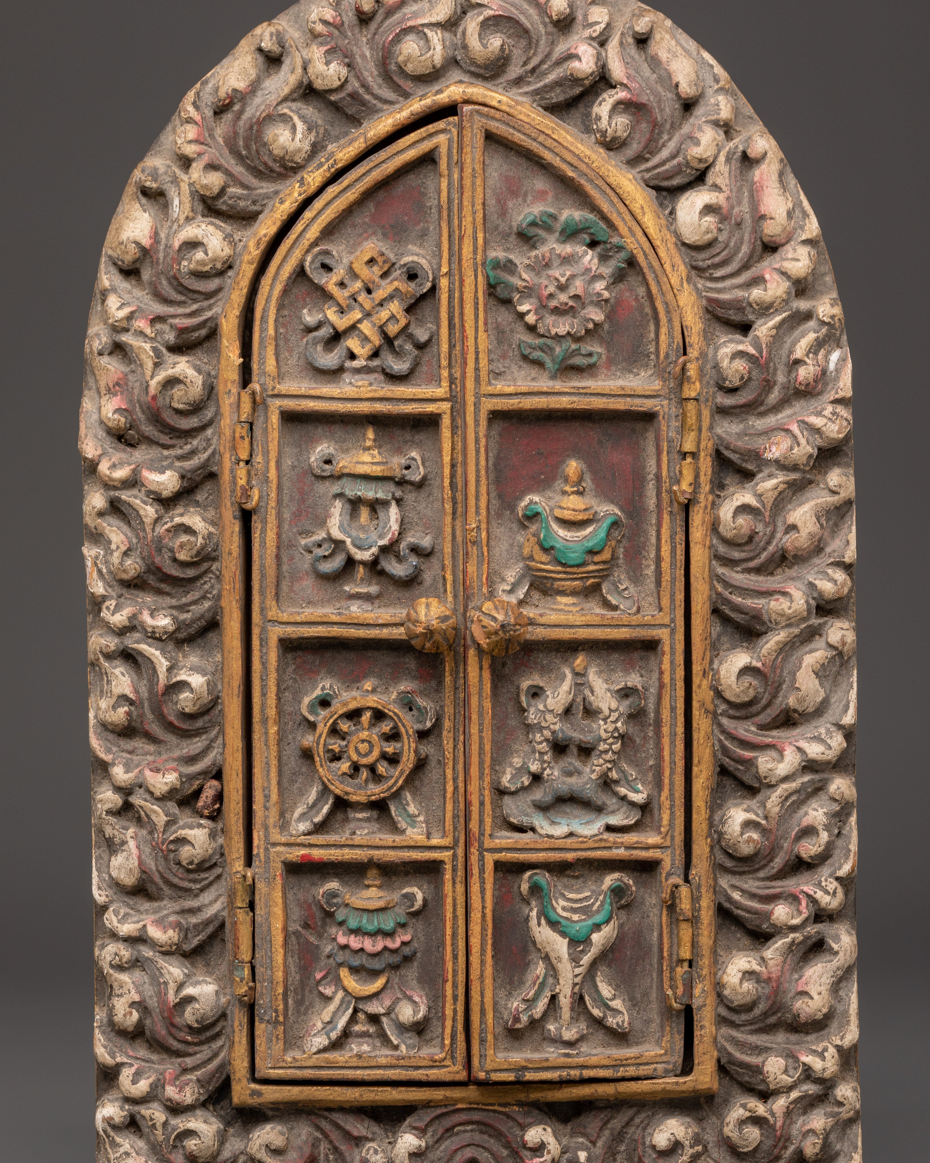 Tibetan Guru Rinpoche Shrine Box | Handcarved Wooden Altar Cabinet