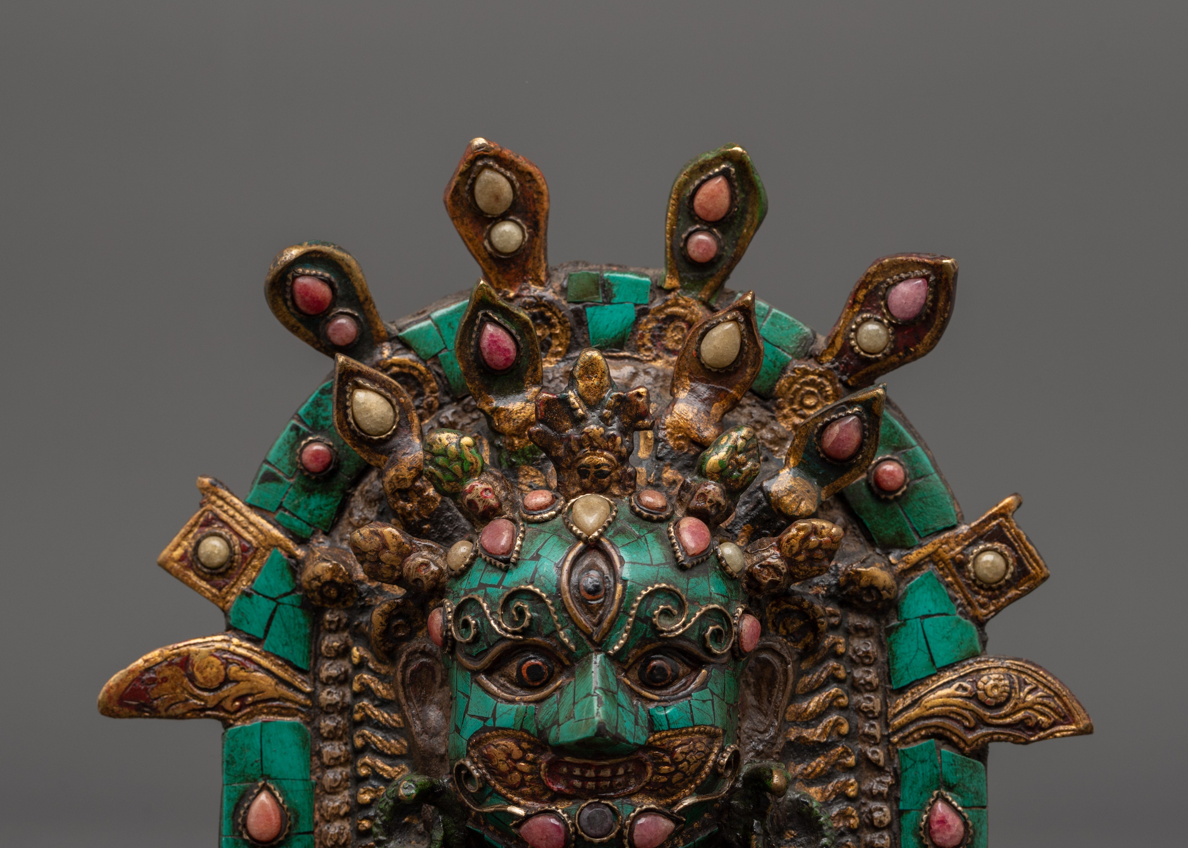 Turquoise Coral Wall Hanging Mask | Brass Decor for Sacred Spaces