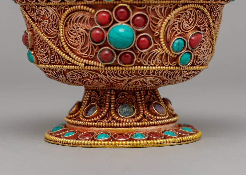 Set of Tibetan Offering Bowls | Turquoise & Coral Filigree Work for Altar Décor