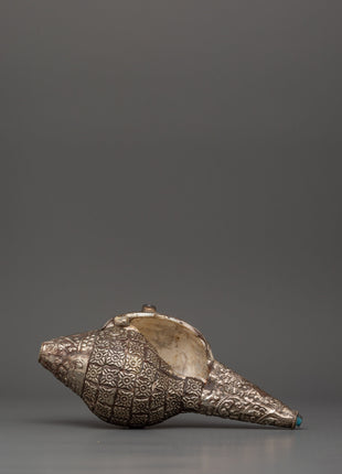 Handmade Tibetan Conch Shell | Silver-Plated with Coral & Turquoise Stones