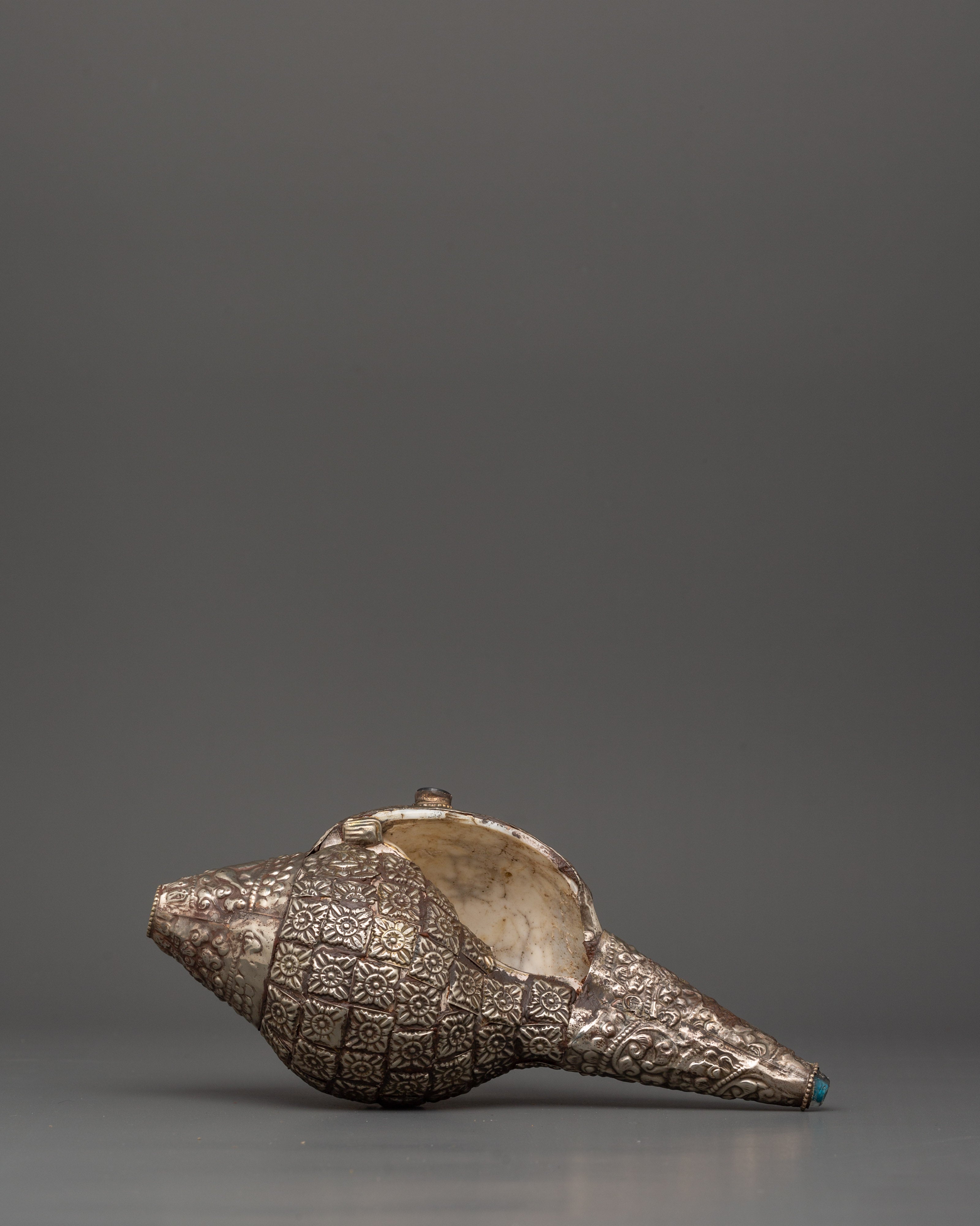 Handmade Tibetan Conch Shell | Silver-Plated with Coral & Turquoise Stones