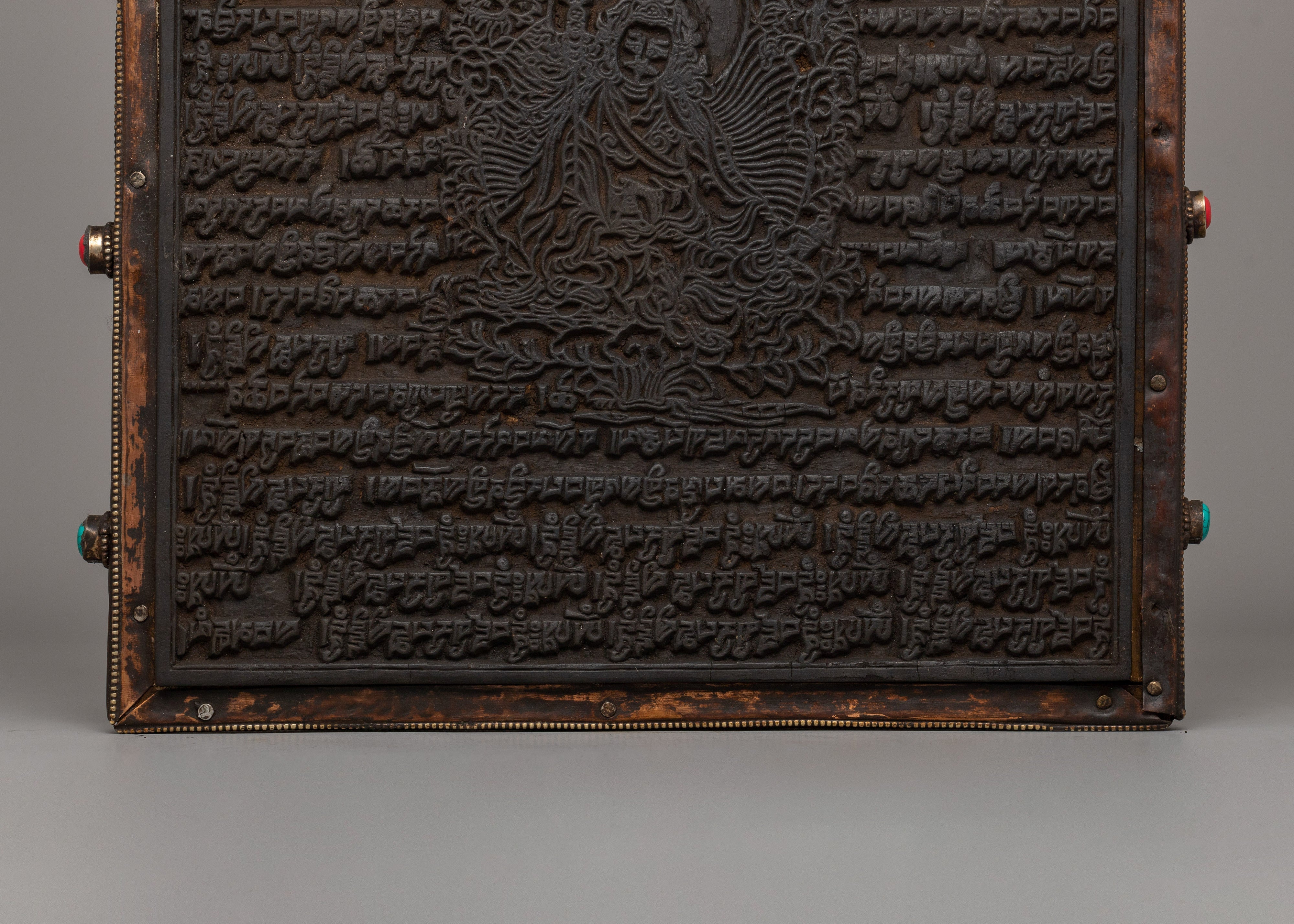 Hand-Carved Flag Stamp of Guru Rinpoche in Copper and Wood | Meditation and Rituals