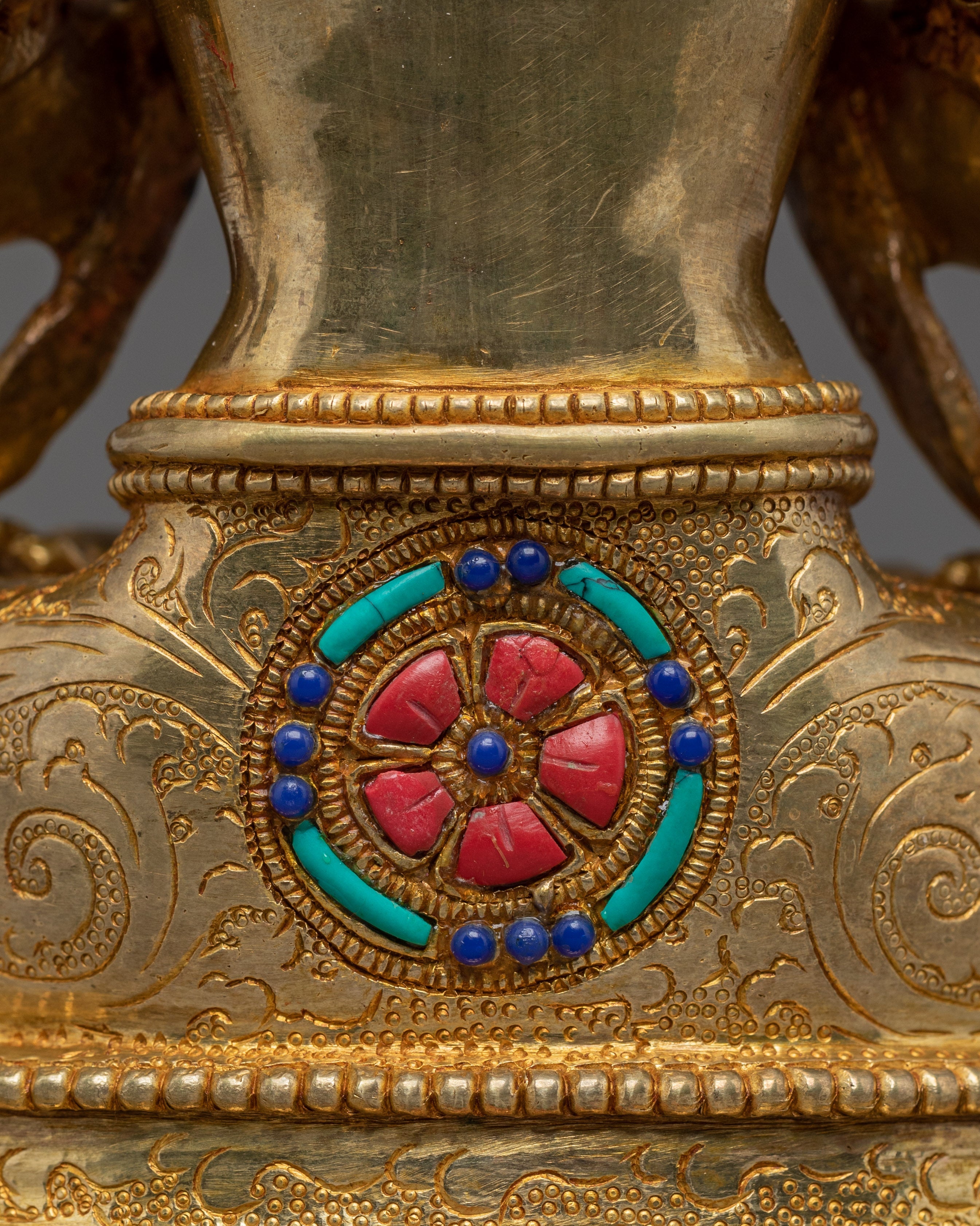 Gold Plated Buddhist Chenrezig Sculpture | Copper Sculpture with Coral & Turquoise
