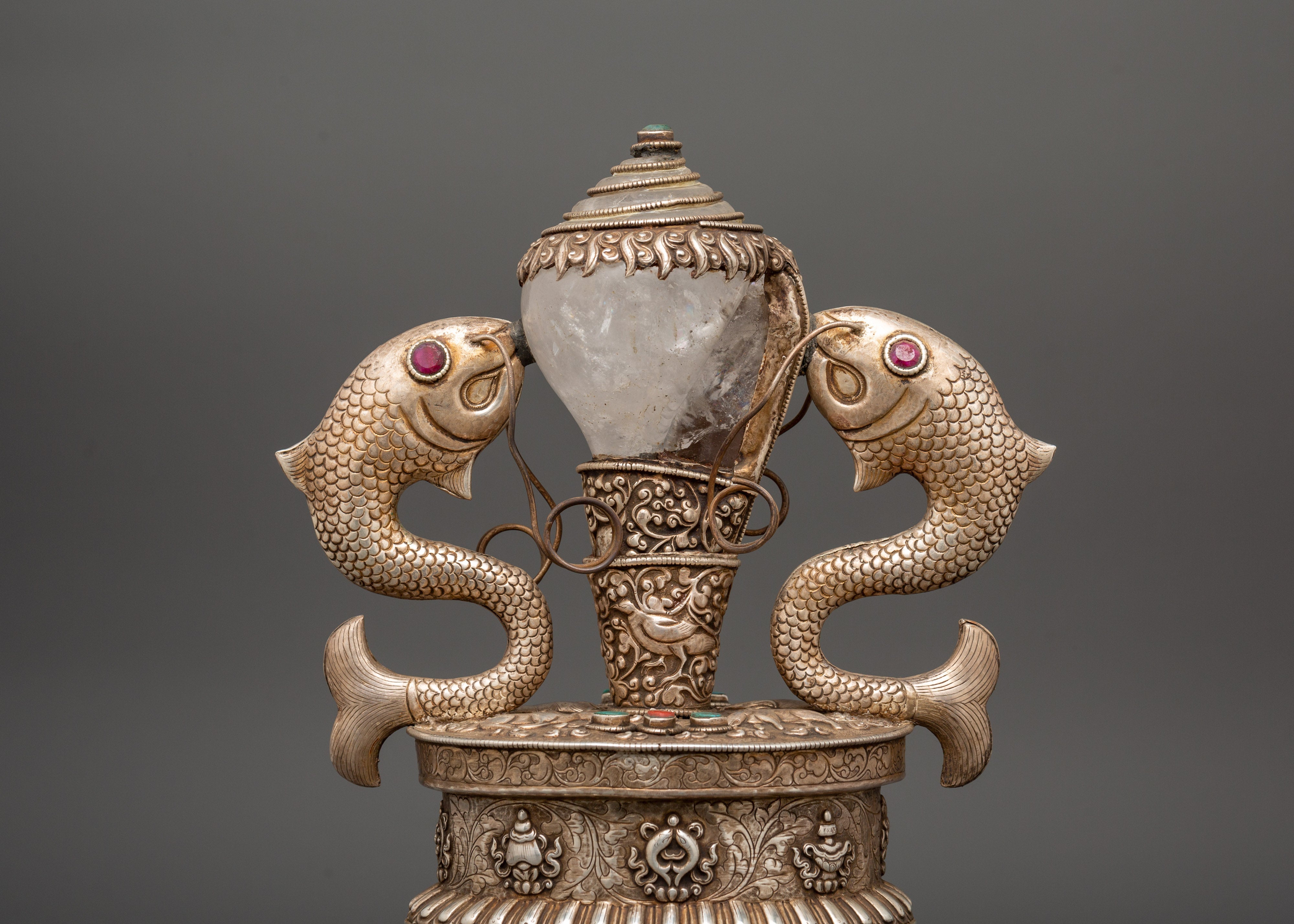 Conch with Auspicious Symbols | Handcrafted Silver & Crystal Tibetan Ritual Item