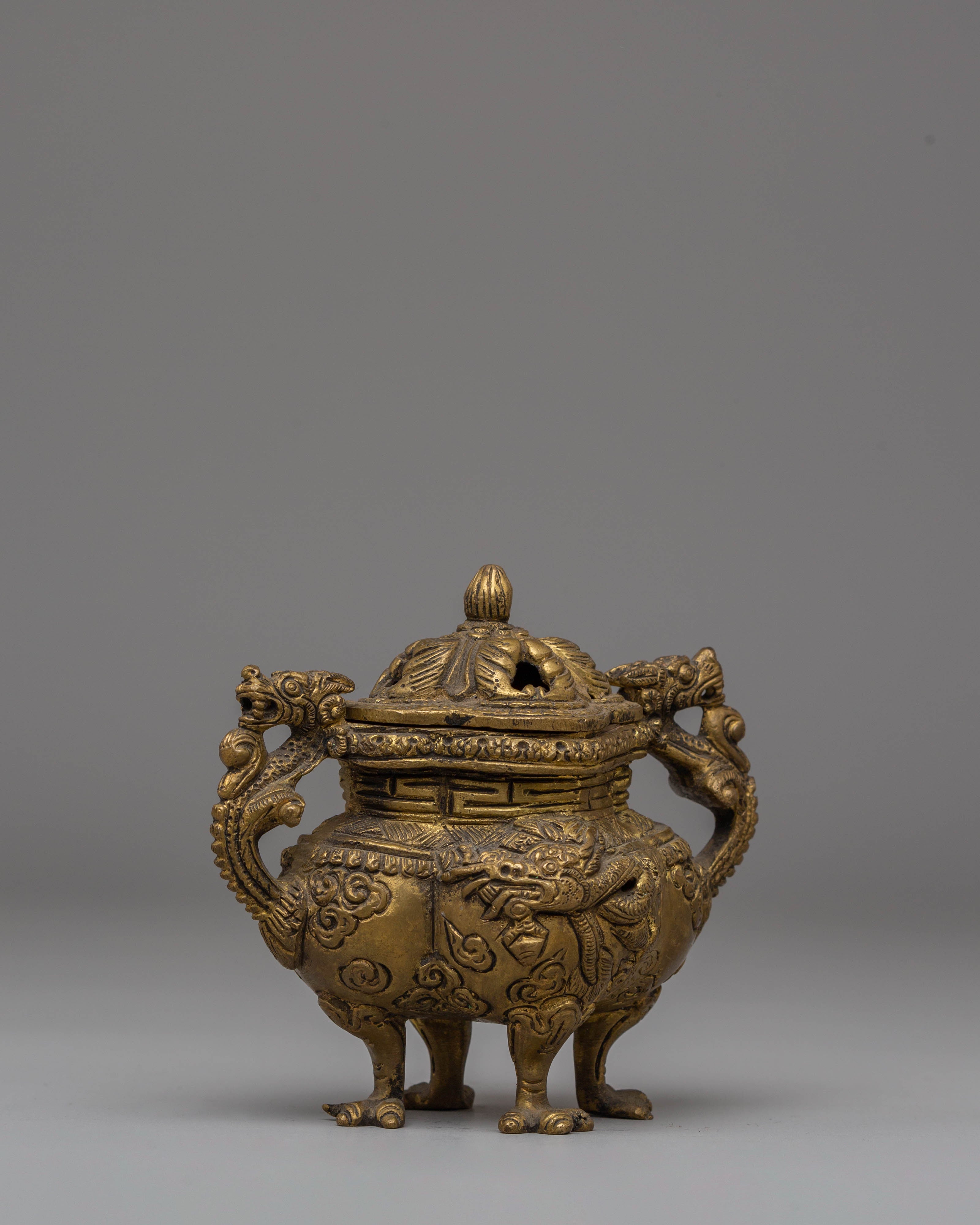Handmade Dragon Motifs Incense Burner | Brass Ritual Decor