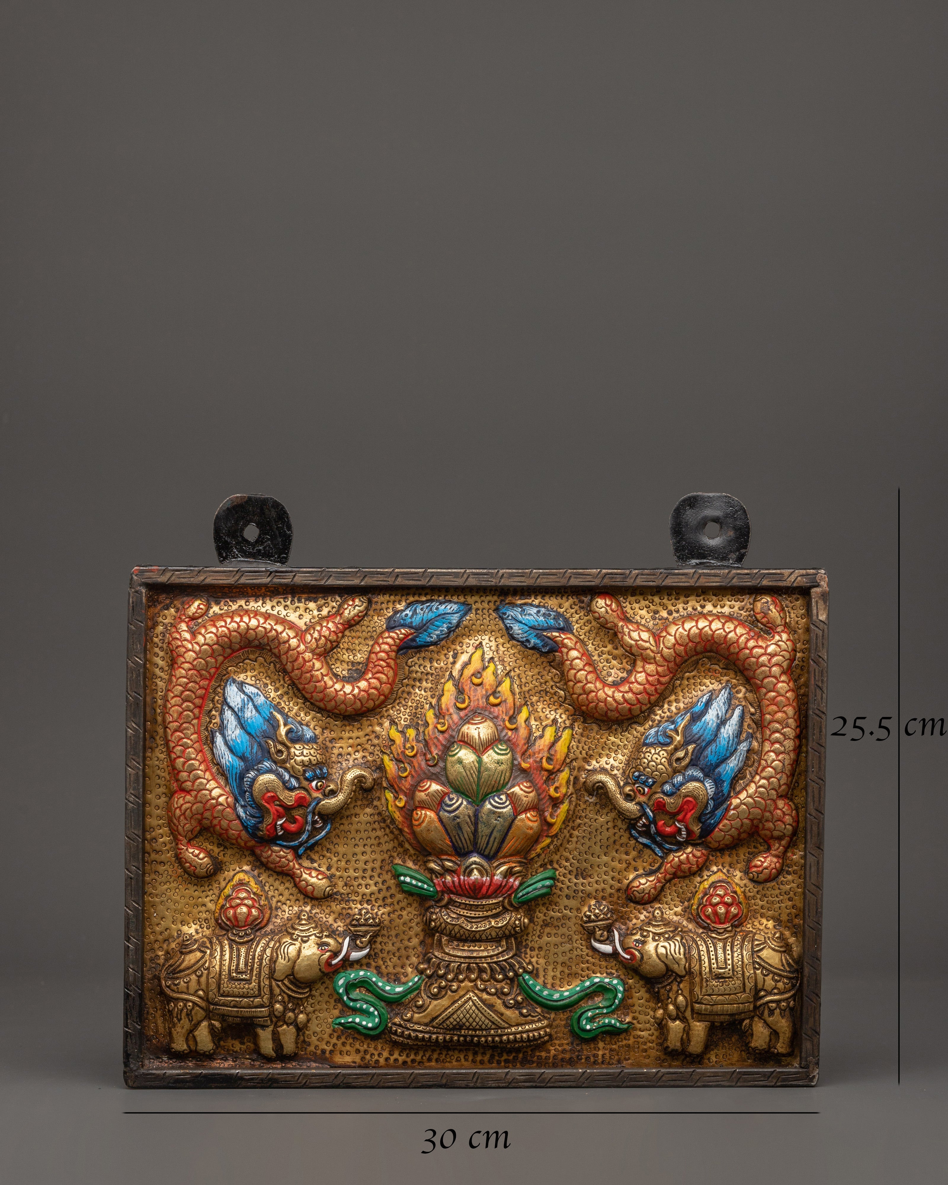 Handcrafted Brass Tibetan Wall Hanging | Tibetan Decor with Elephants & Dragon