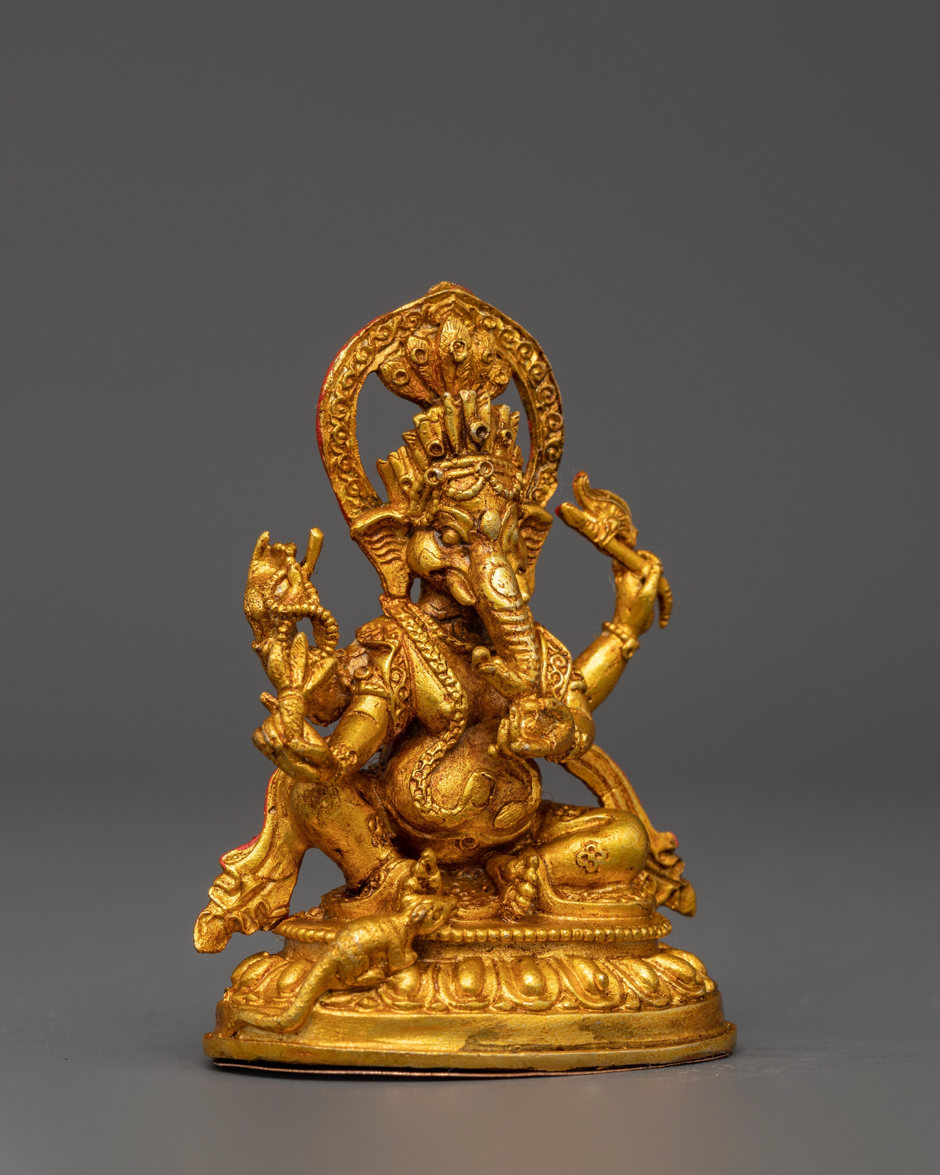 Four Armed Ganesh Statue | Gold Hindu Elephant Deity Sculpture