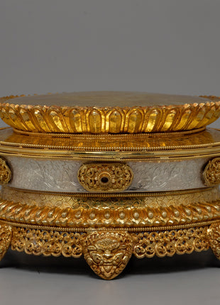 Buddhist Mandala Rice Offering Set | Handcrafted Copper Artwork with Gold & Silver Plating