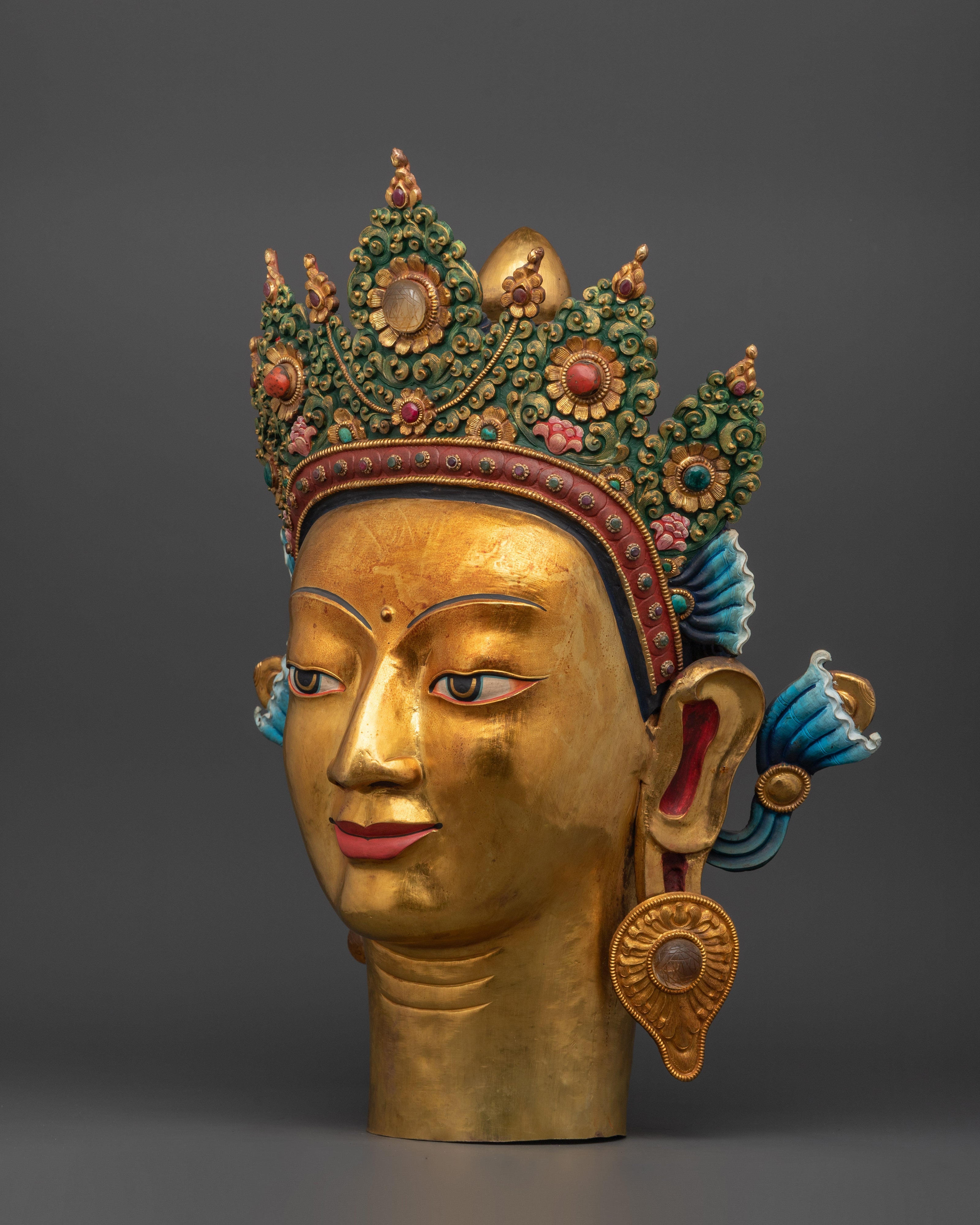 Gold-Plated Crowned Buddha Head | Himalayan Altar Decor