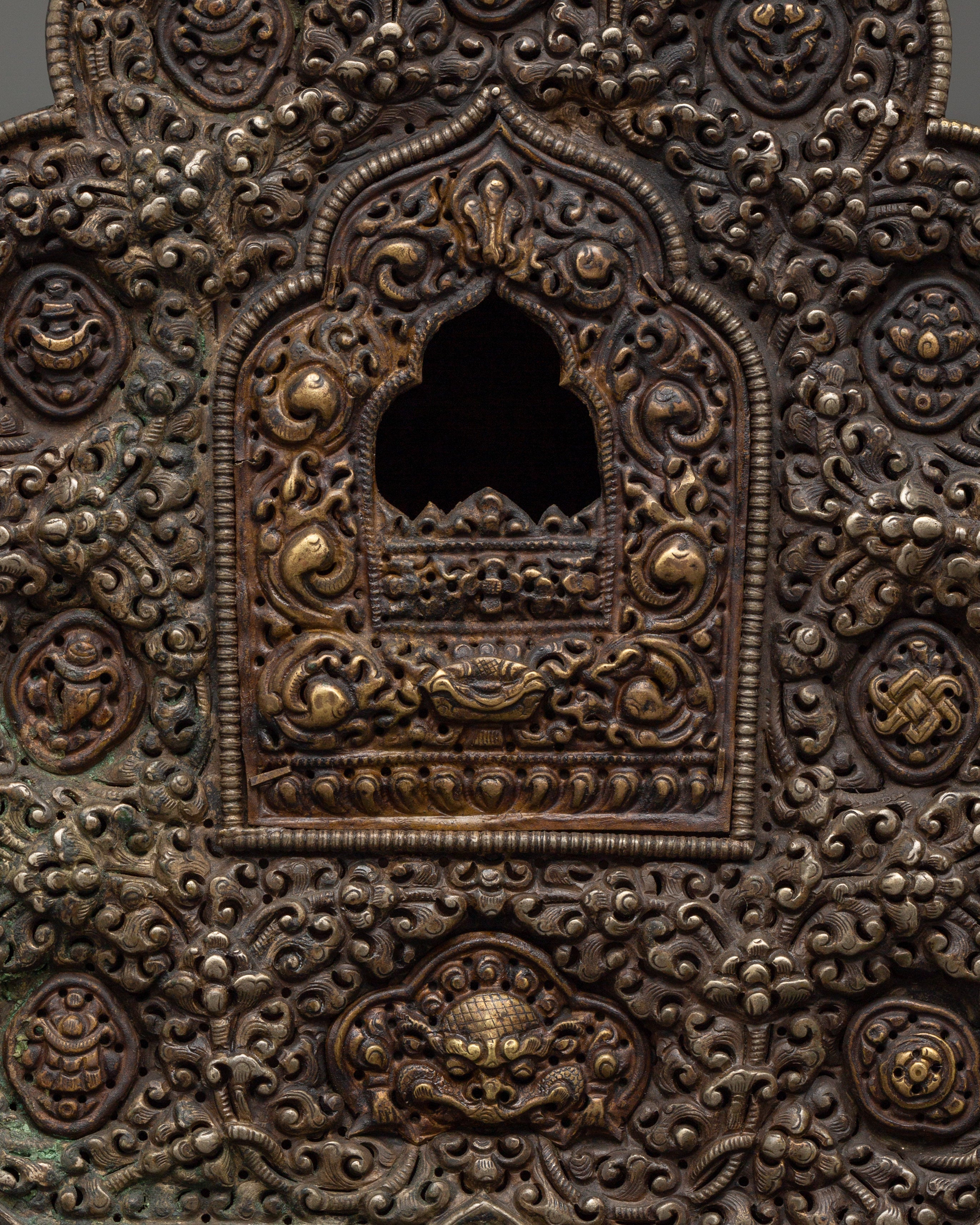 Handcrafted Tibetan Ghau Prayer Box | Brass, Silver & Copper Shrine with 8 Auspicious Symbols