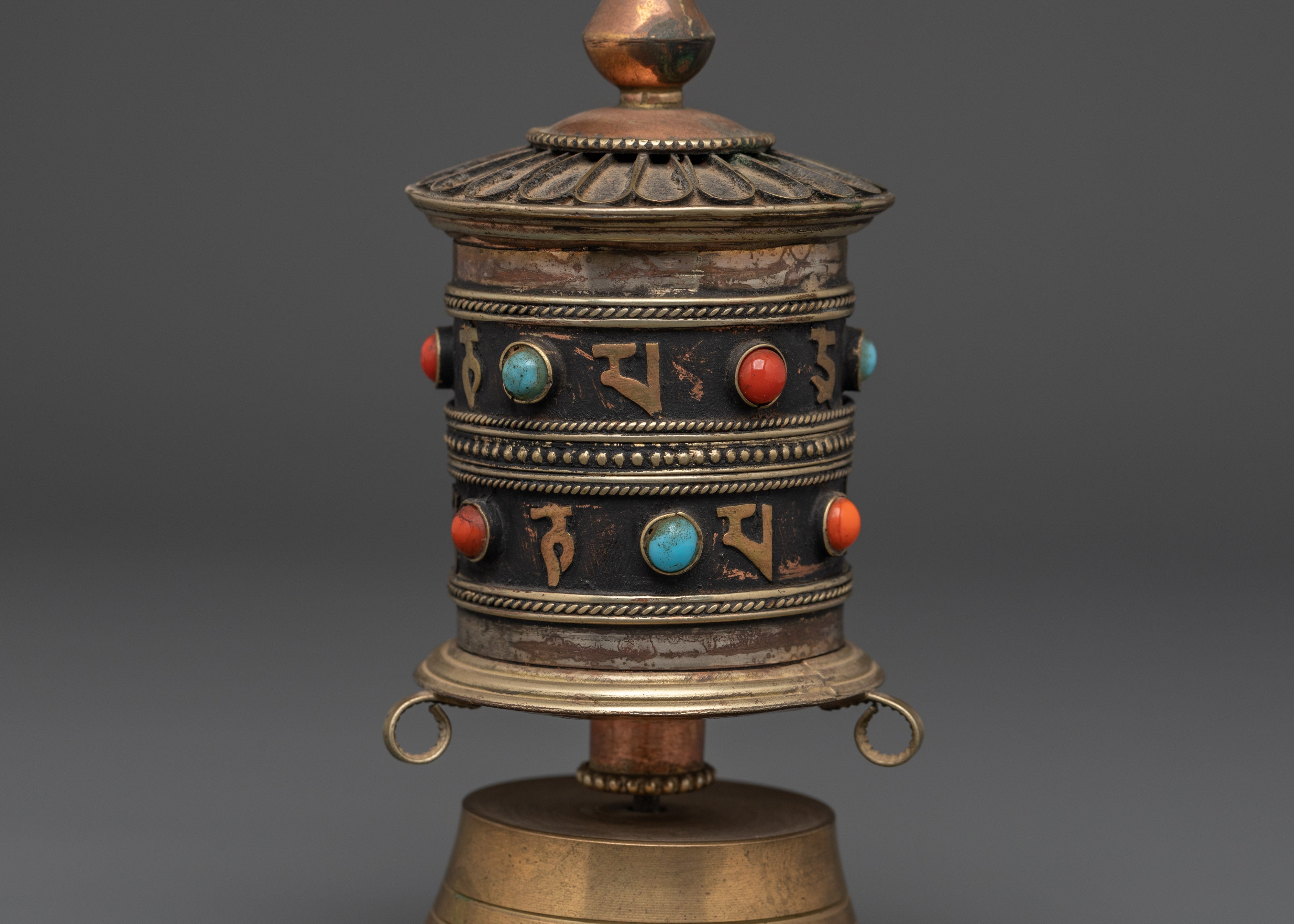 Sacred Prayer Wheel with Gemstones | Brass Turquoise Buddhist Wheel