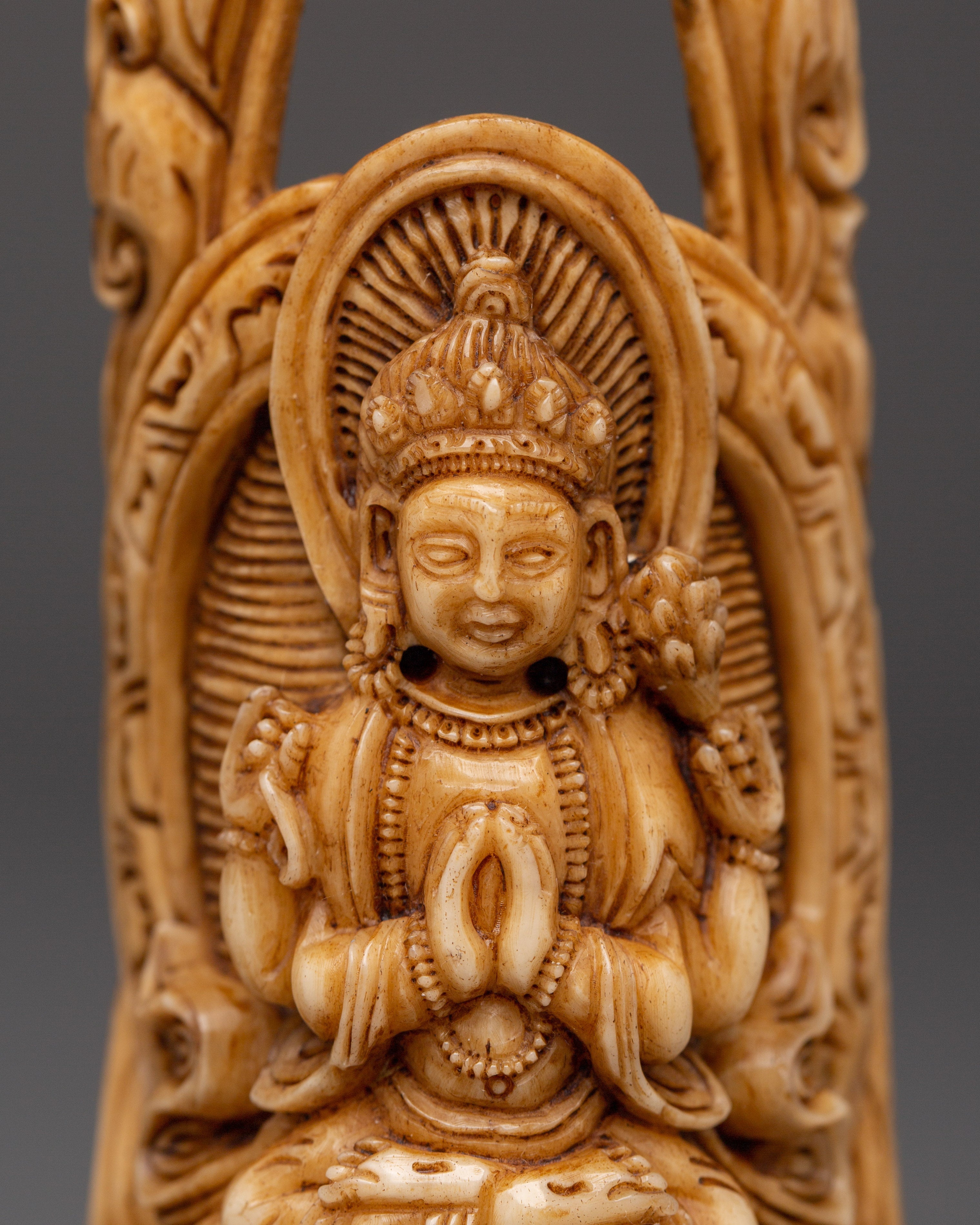 Chenrezig Bone Hand-carved Statue | Four-Armed Avalokiteshvara