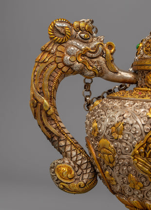 Handcrafted Tibetan Tea Pot with Gold & Silver Plating | Traditional Buddhist Decor
