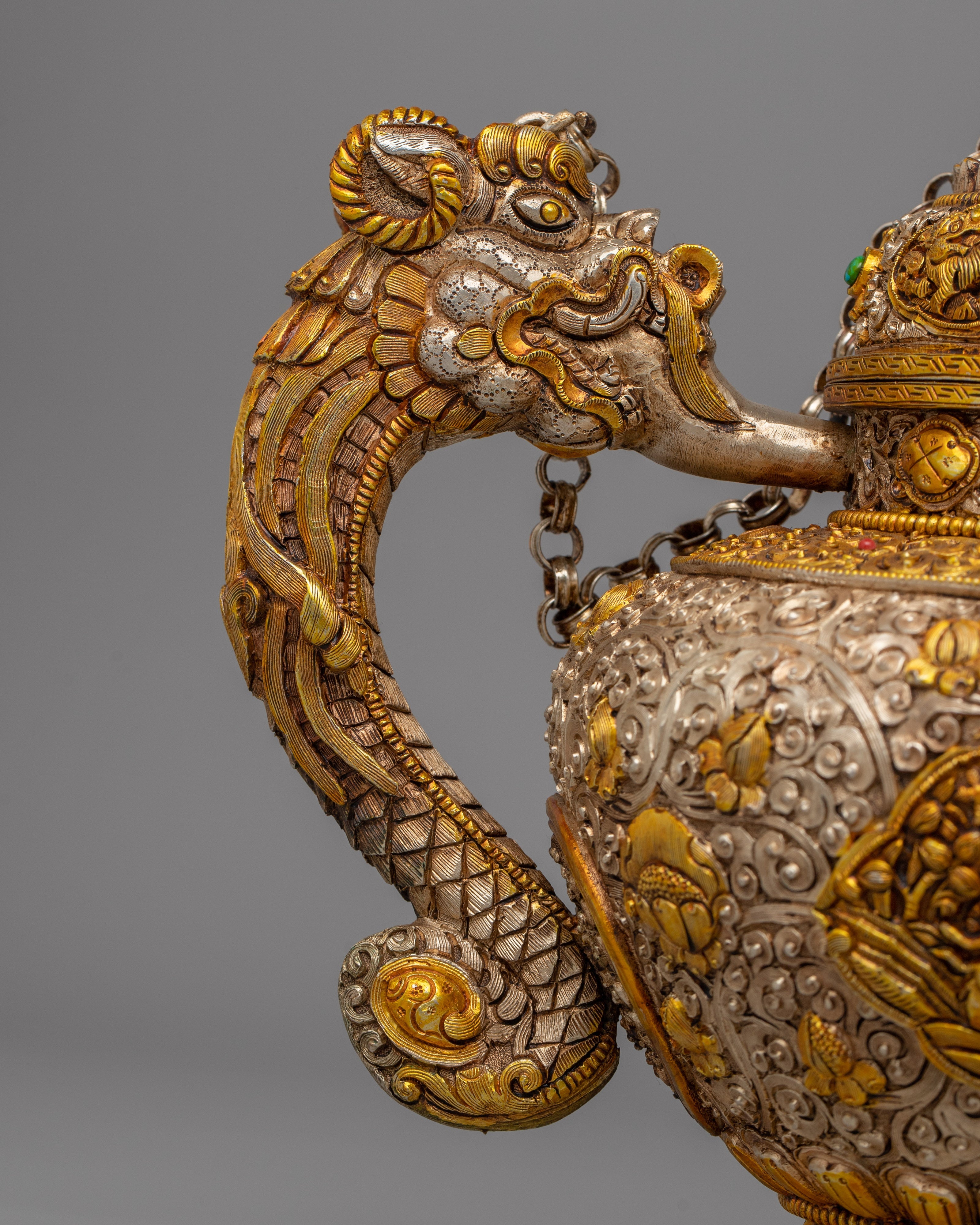 Handcrafted Tibetan Tea Pot with Gold & Silver Plating | Traditional Buddhist Decor