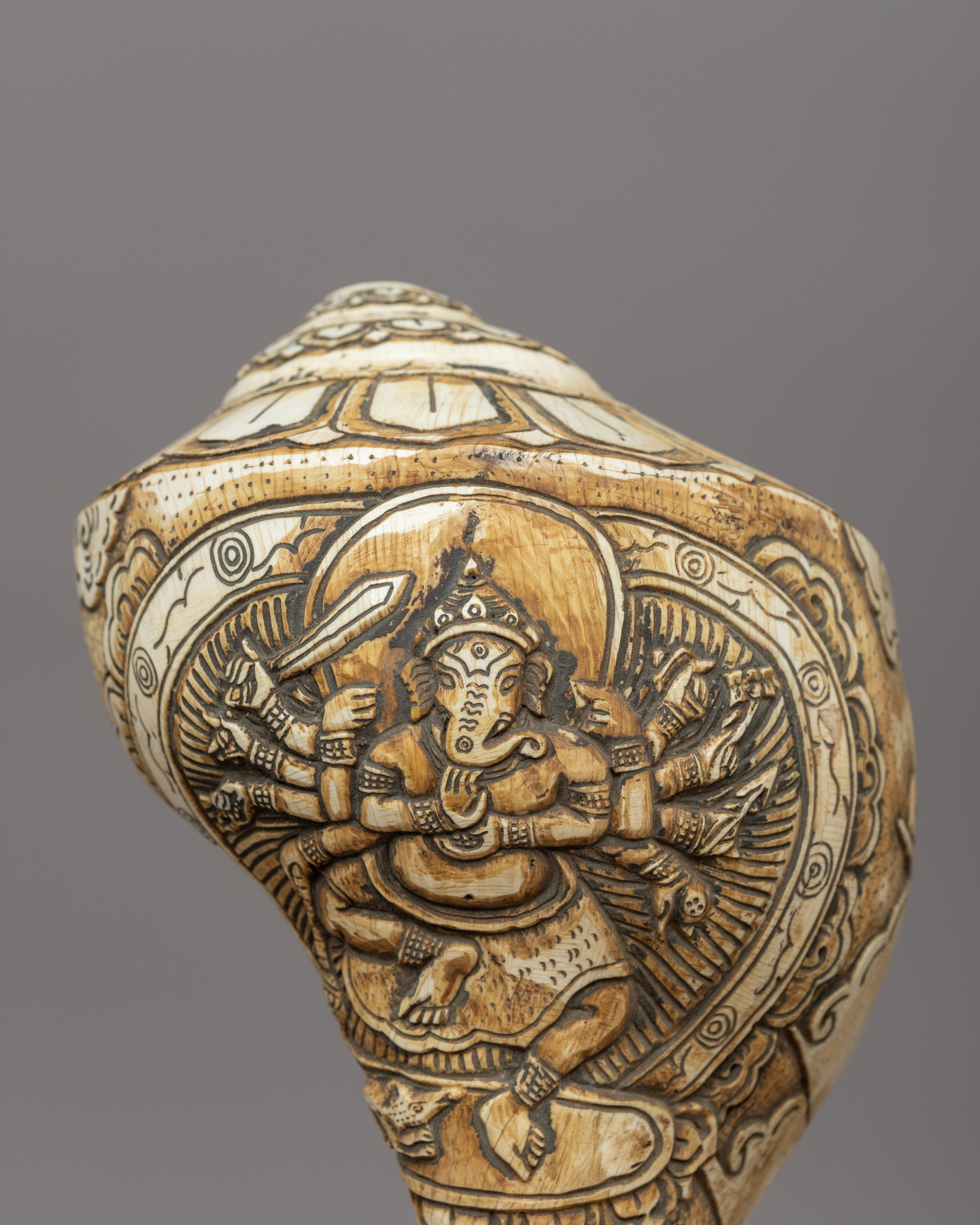 Hand-carved Ganesha Conch | Hindu & Buddhist Ritual Trumpet