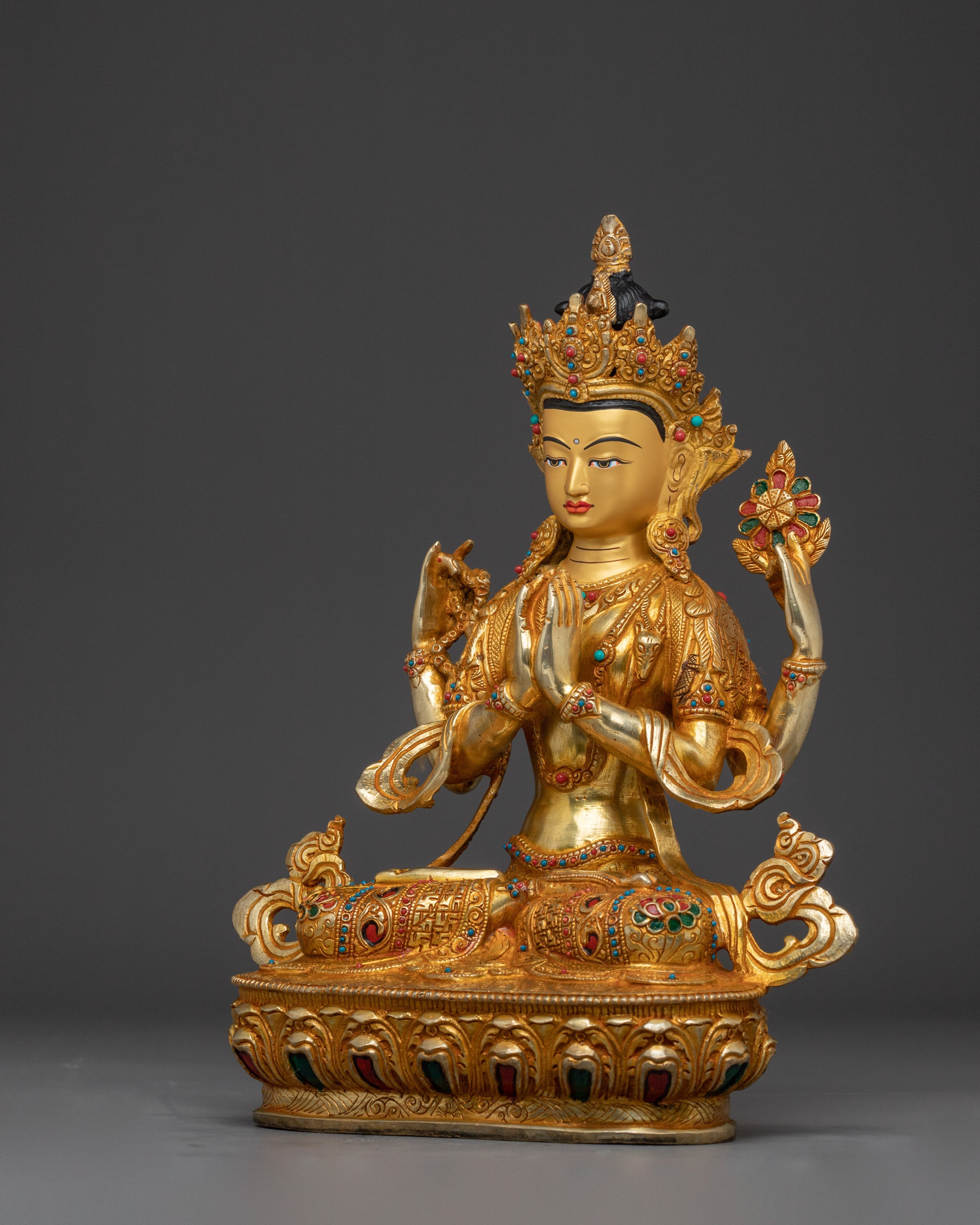 Handcrafted Chenrezig Copper Artwork with Gemstones Statue | Meditation & Spiritual Decor