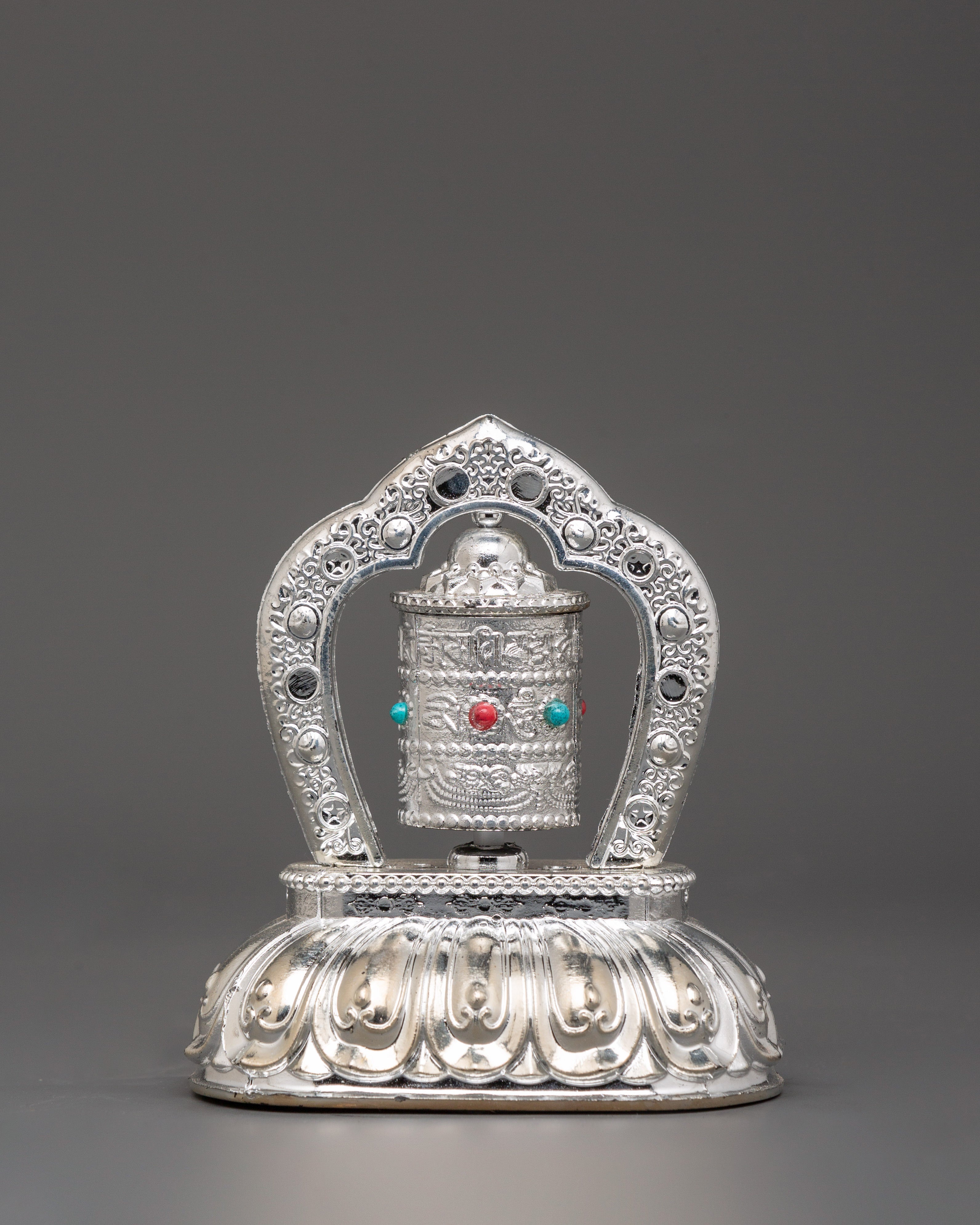 Tibetan Prayer Wheel with Turquoise & Coral Inlay