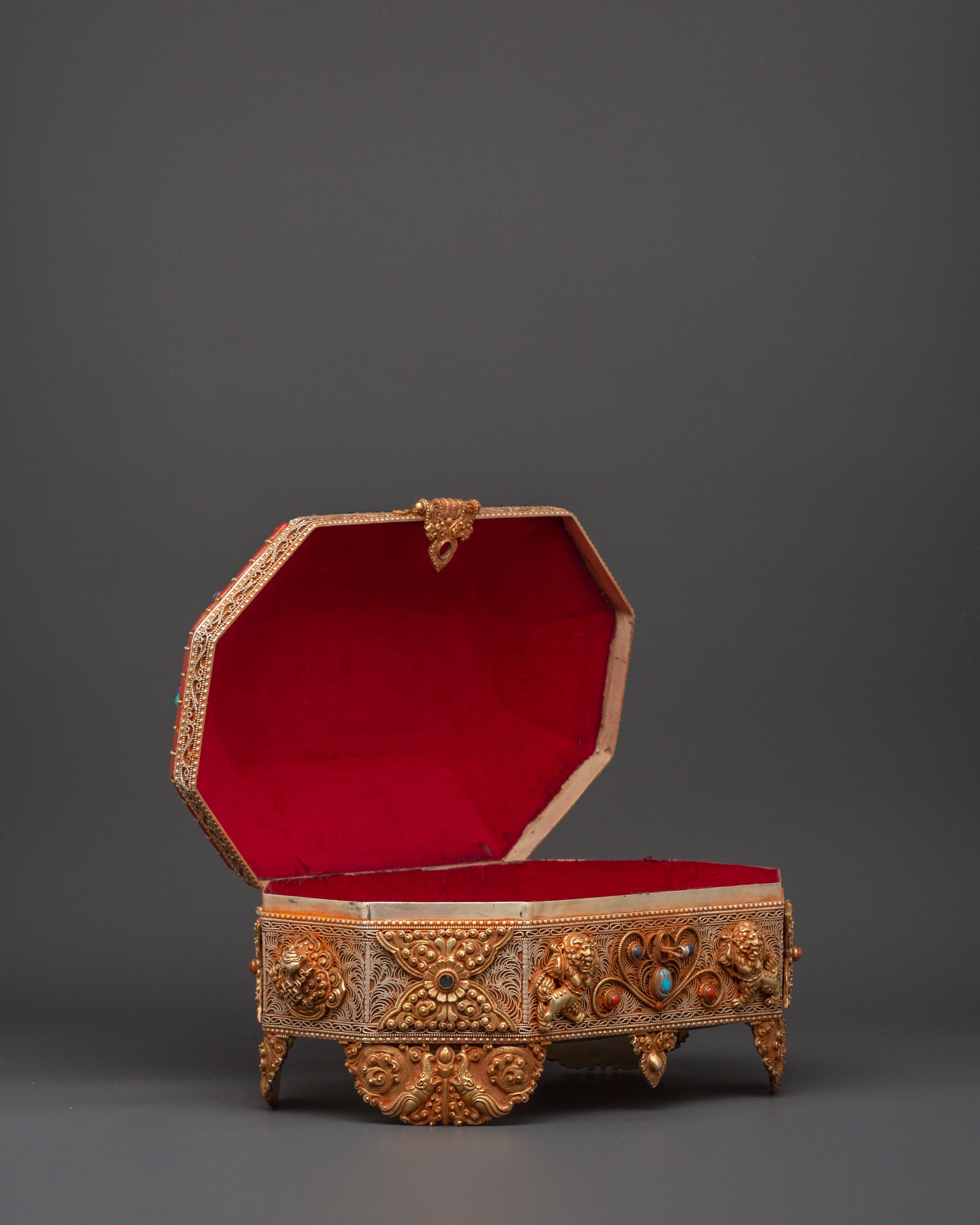 Tibetan Decorative Treasure Box | Buddhist Treasure Box with Turquoise & Coral Inlays