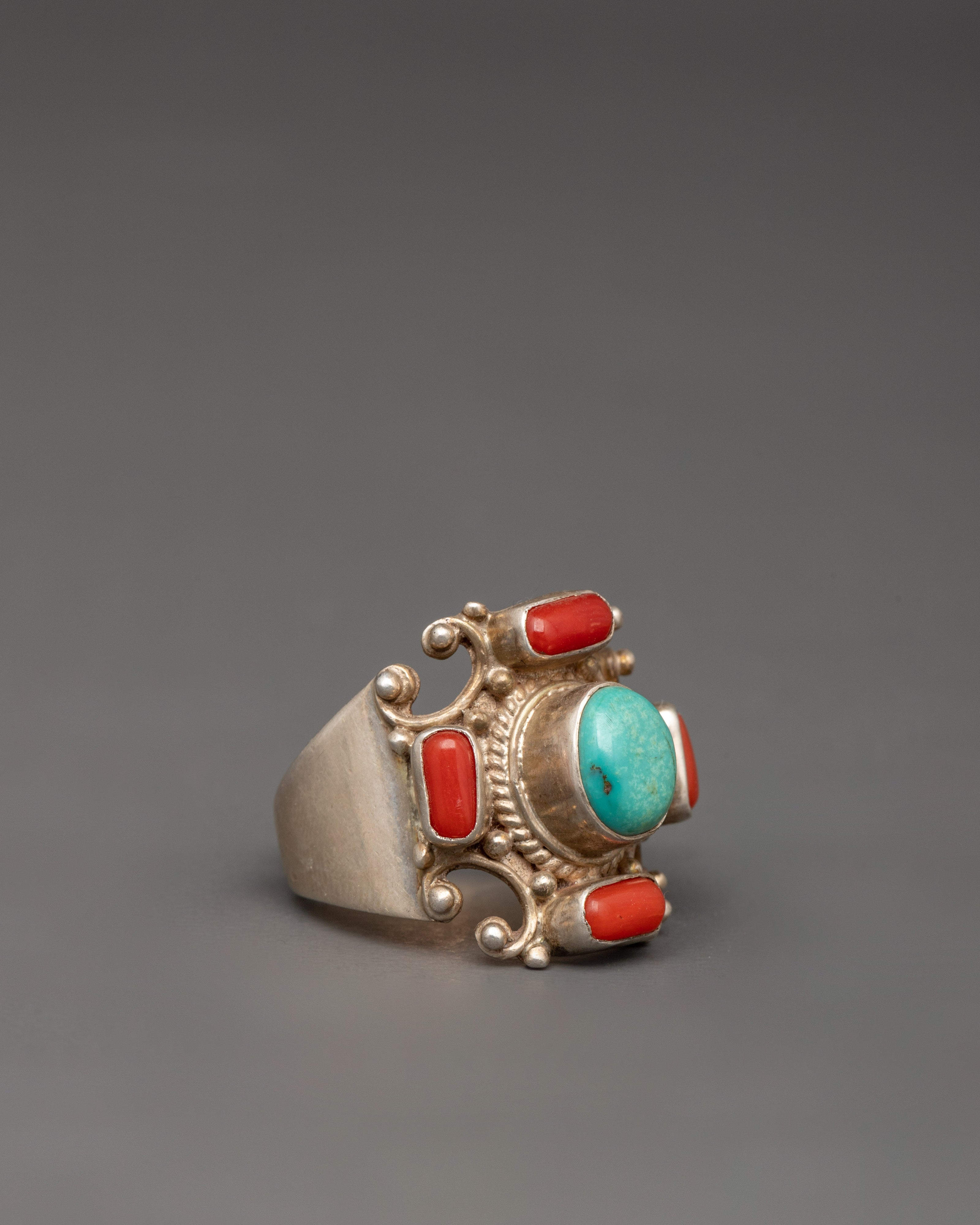 Silver Tibetan Ring | Ring with Turquoise and Coral