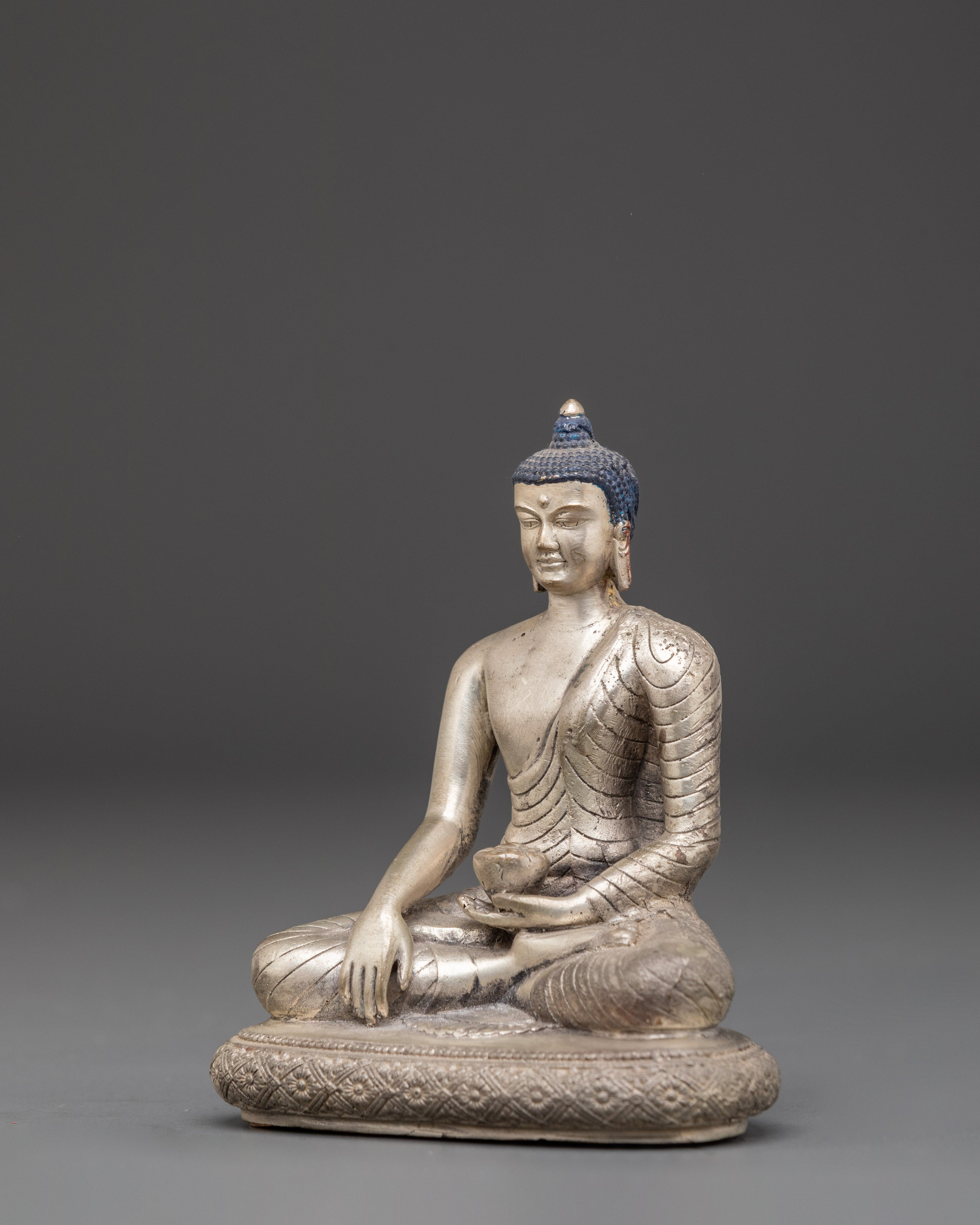 Handmade Himalayan Shakyamuni Buddha Statue | Silver Plated Copper Meditation Art