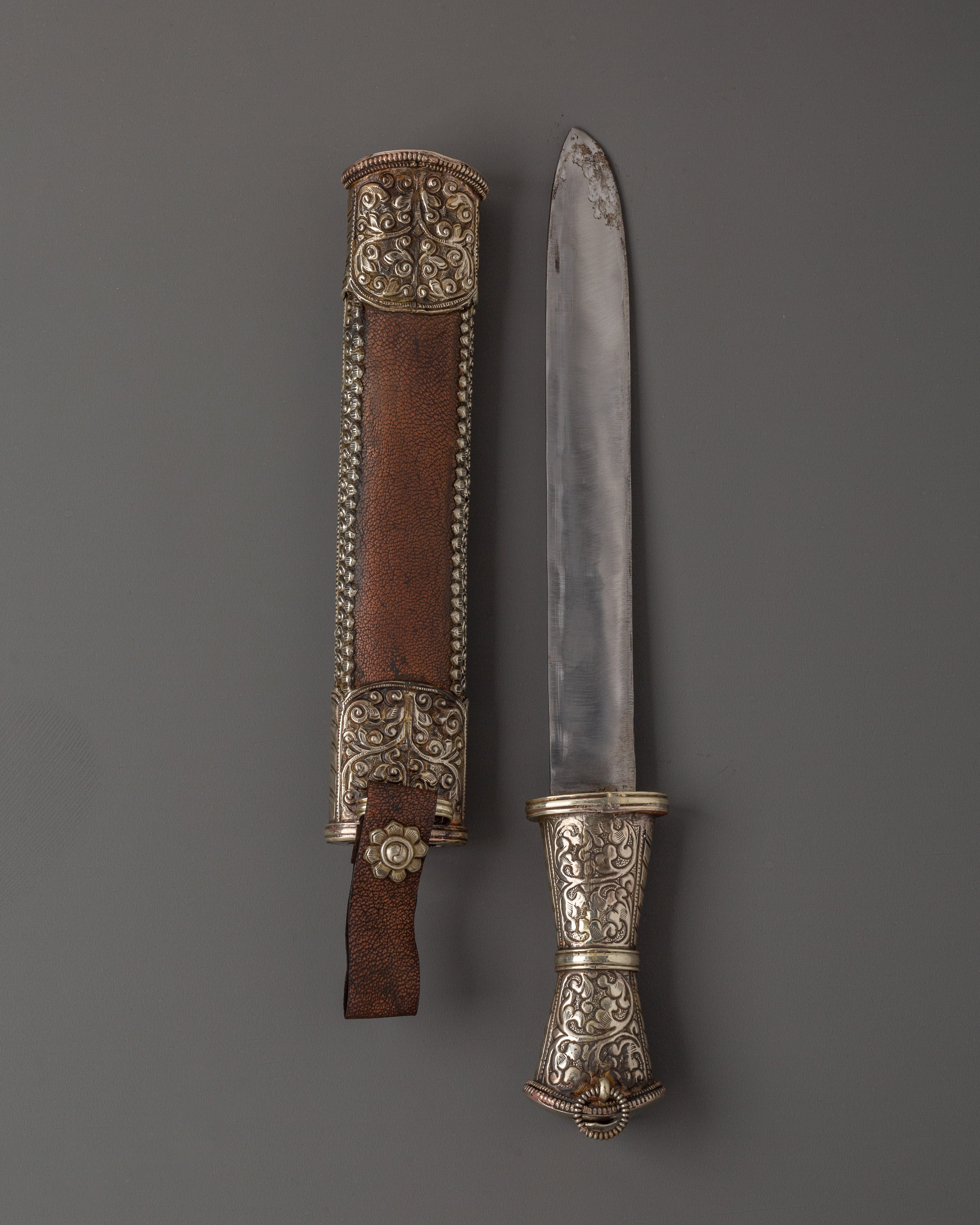 Tibetan Sword with White Metal | Ritual Item with Turquoise and Coral Gems