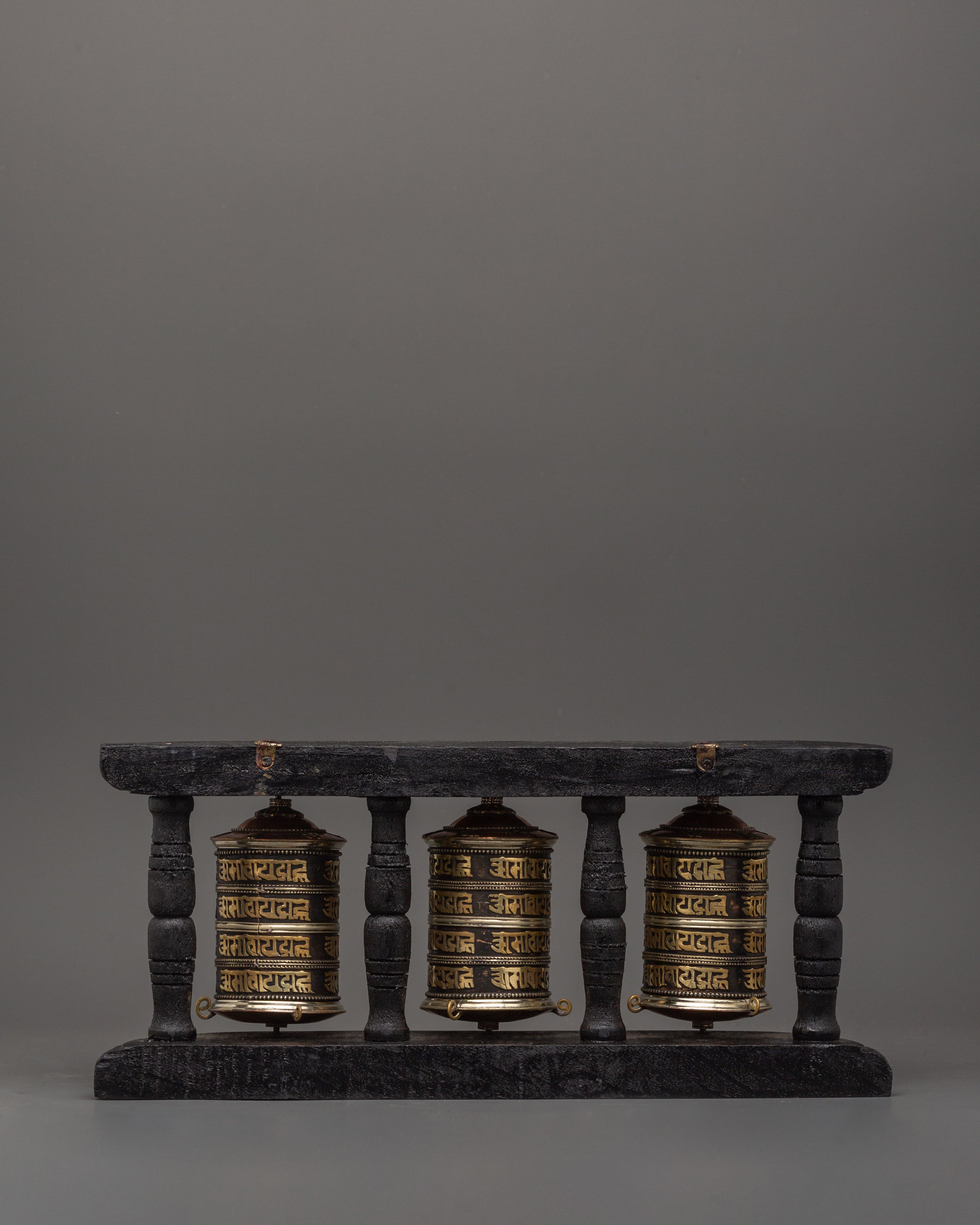 Triple Tibetan Prayer Wheel Set | Buddhist Meditation Decor Piece