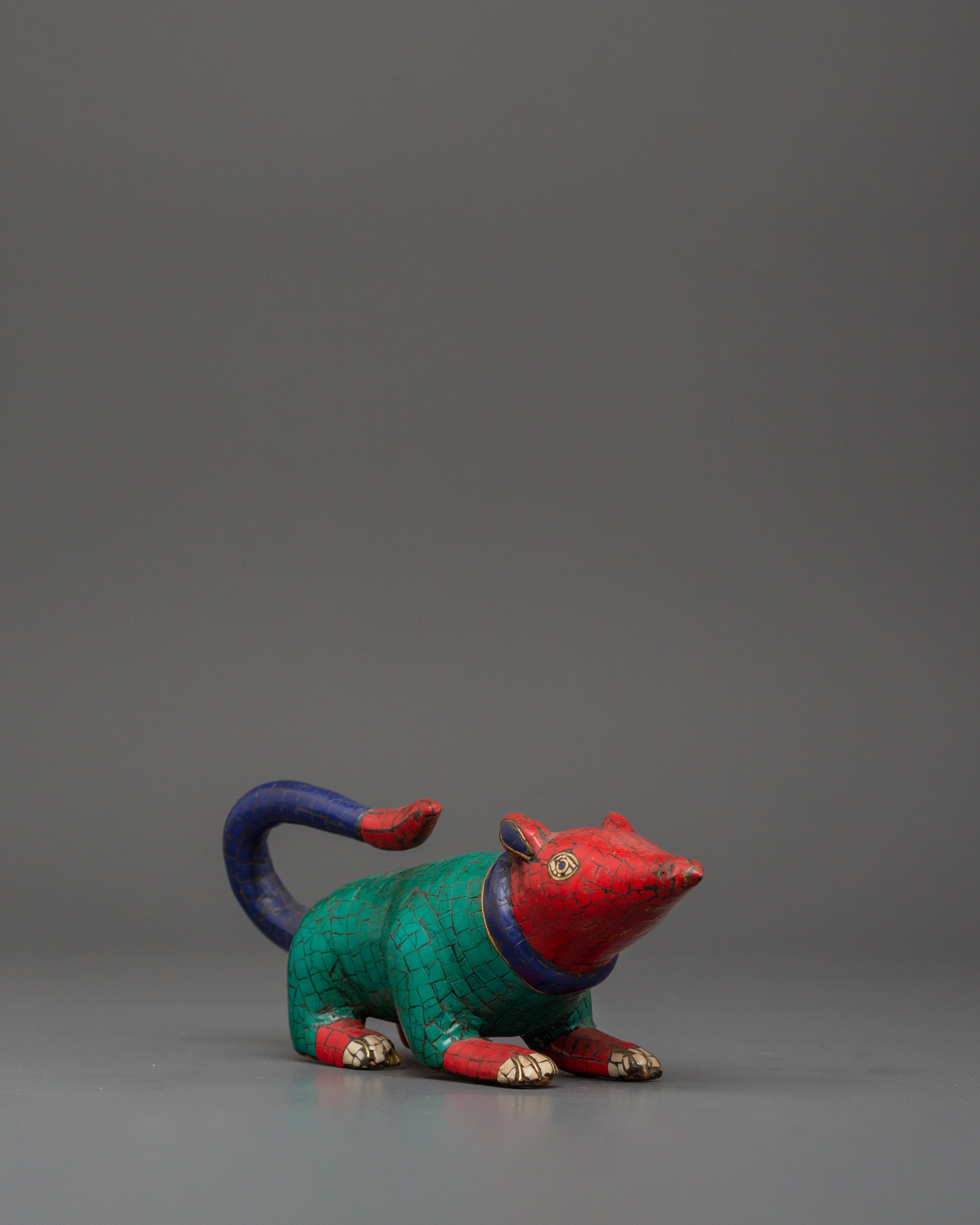 Brass Mouse Statue Set with Turquoise & Coral Inlay | Ganesh Mouse Idol