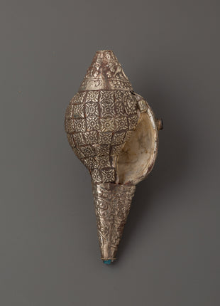 Handmade Tibetan Conch Shell | Silver-Plated with Coral & Turquoise Stones