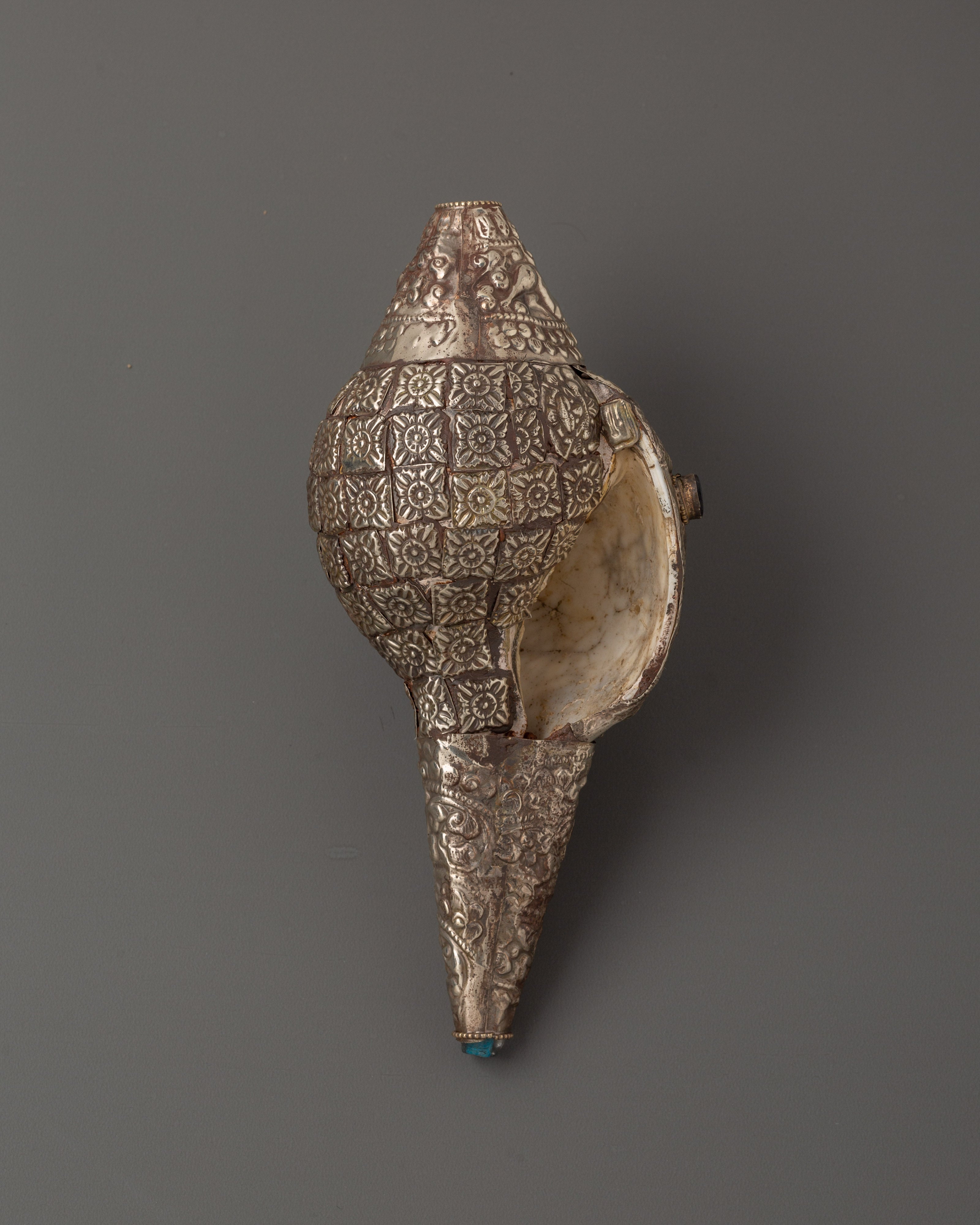 Handmade Tibetan Conch Shell | Silver-Plated with Coral & Turquoise Stones