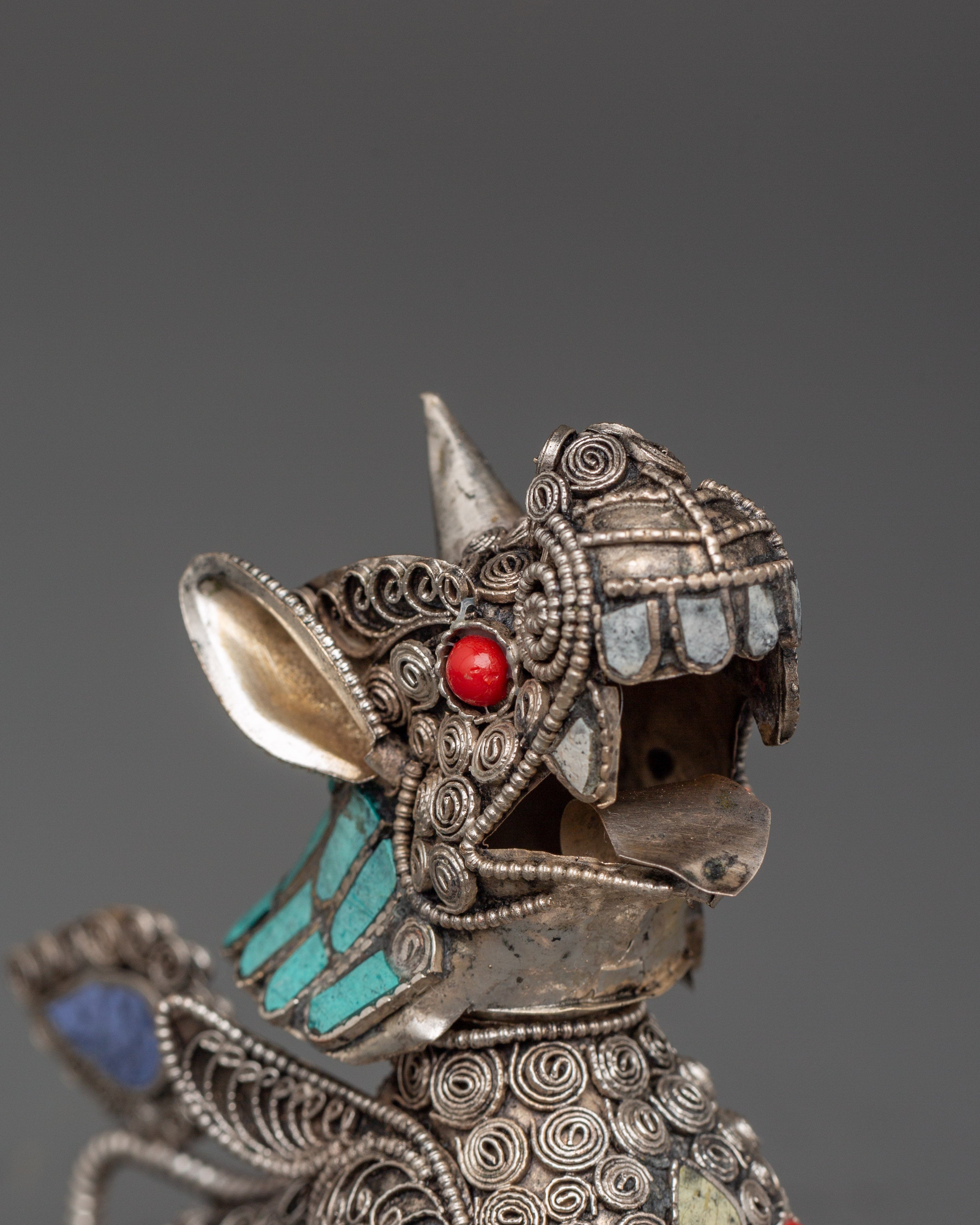 White Metal Guardian Lion Statue Set | With Coral, Turquoise & Lapis Lazuli Stones