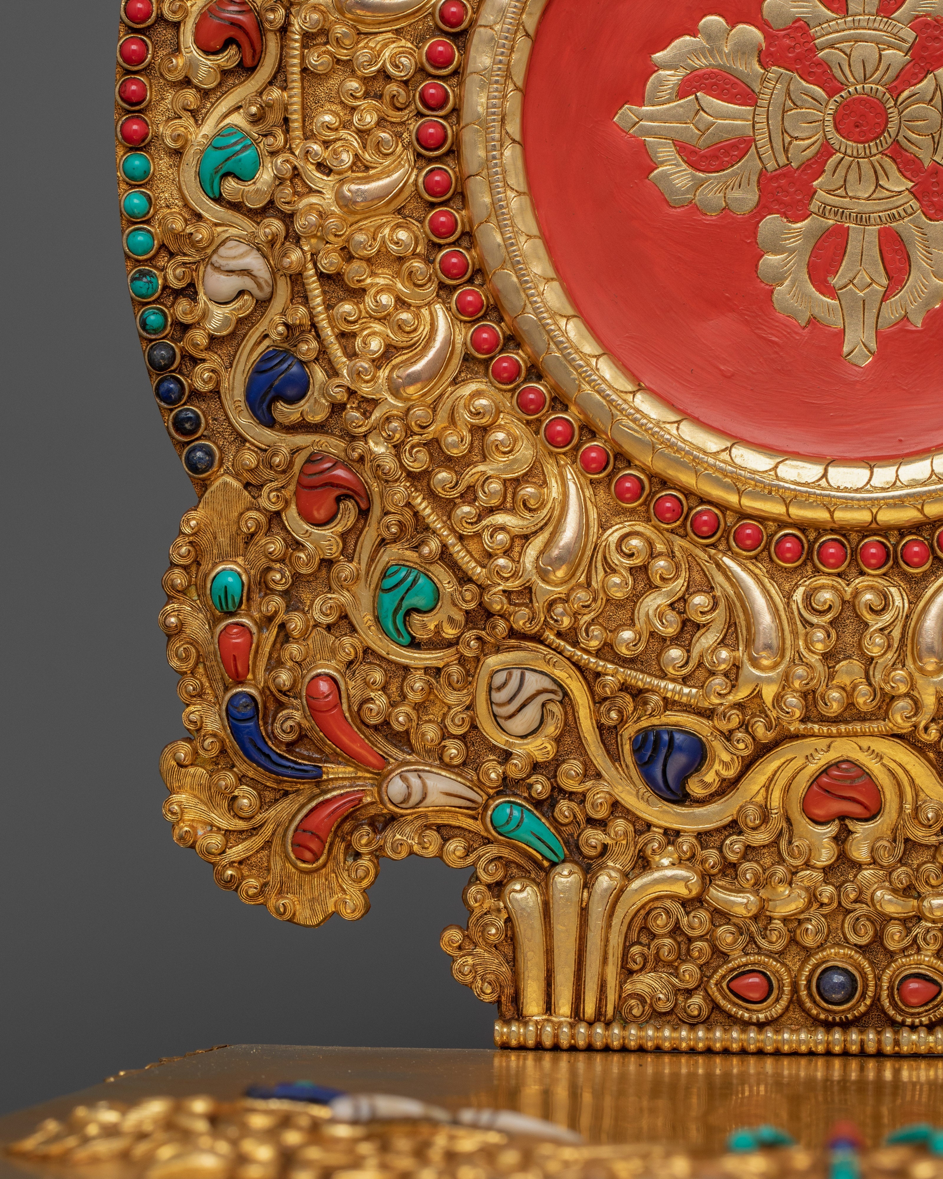 13-Inch 24K Gold-Gilded Guru Rinpoche Sculpture | Gemstone-Embellished Sculpture
