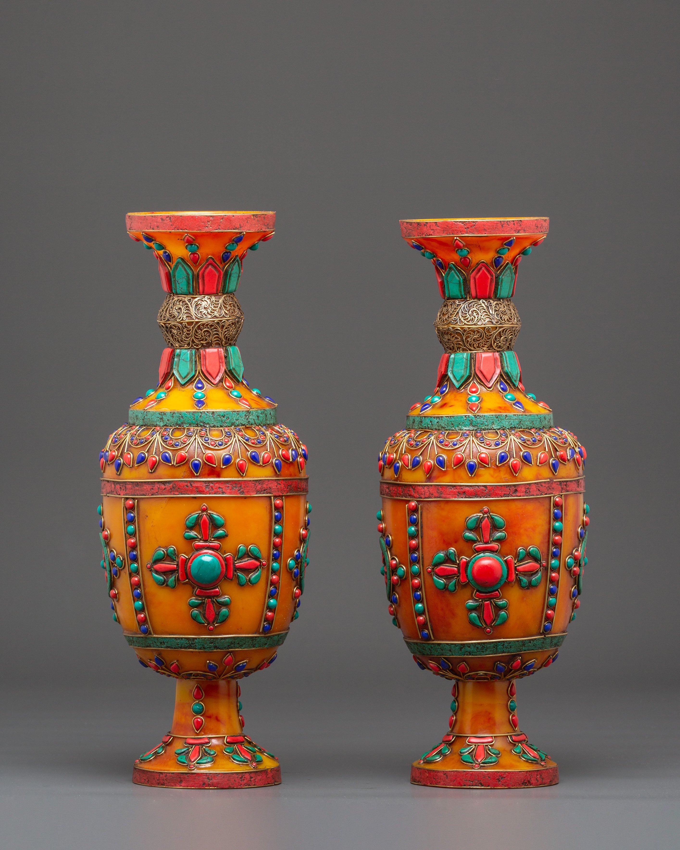 Amber Flower Vase Set | Coral and Turquoise Inlays