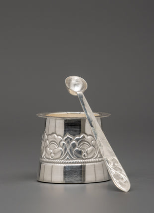 Pure Silver Glass with Spoon Set | Handcrafted Silver Ritual Cup