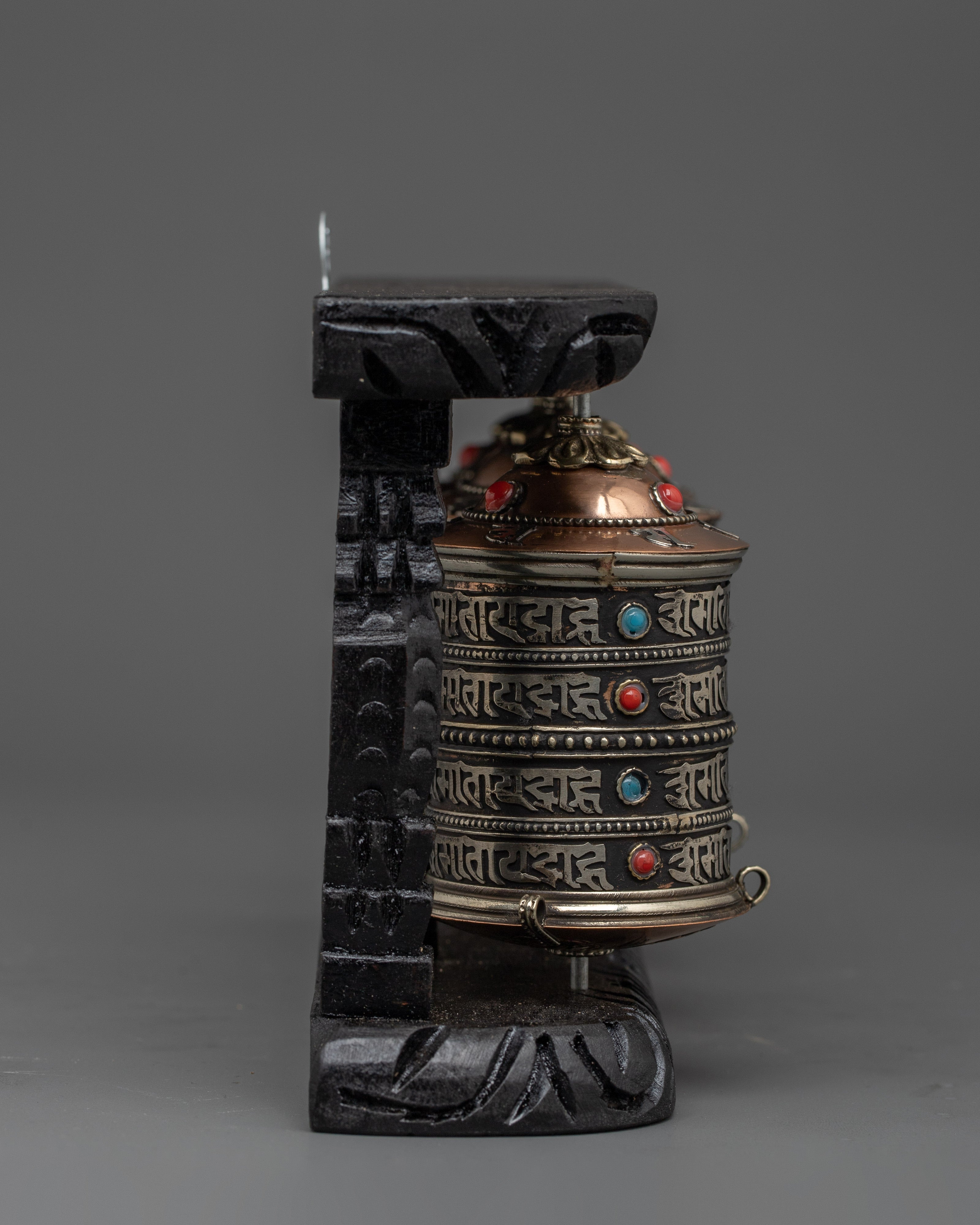 Three-Wheel Prayer Spinner in Wooden Frame | Tibetan Buddhist Home Blessing Tool