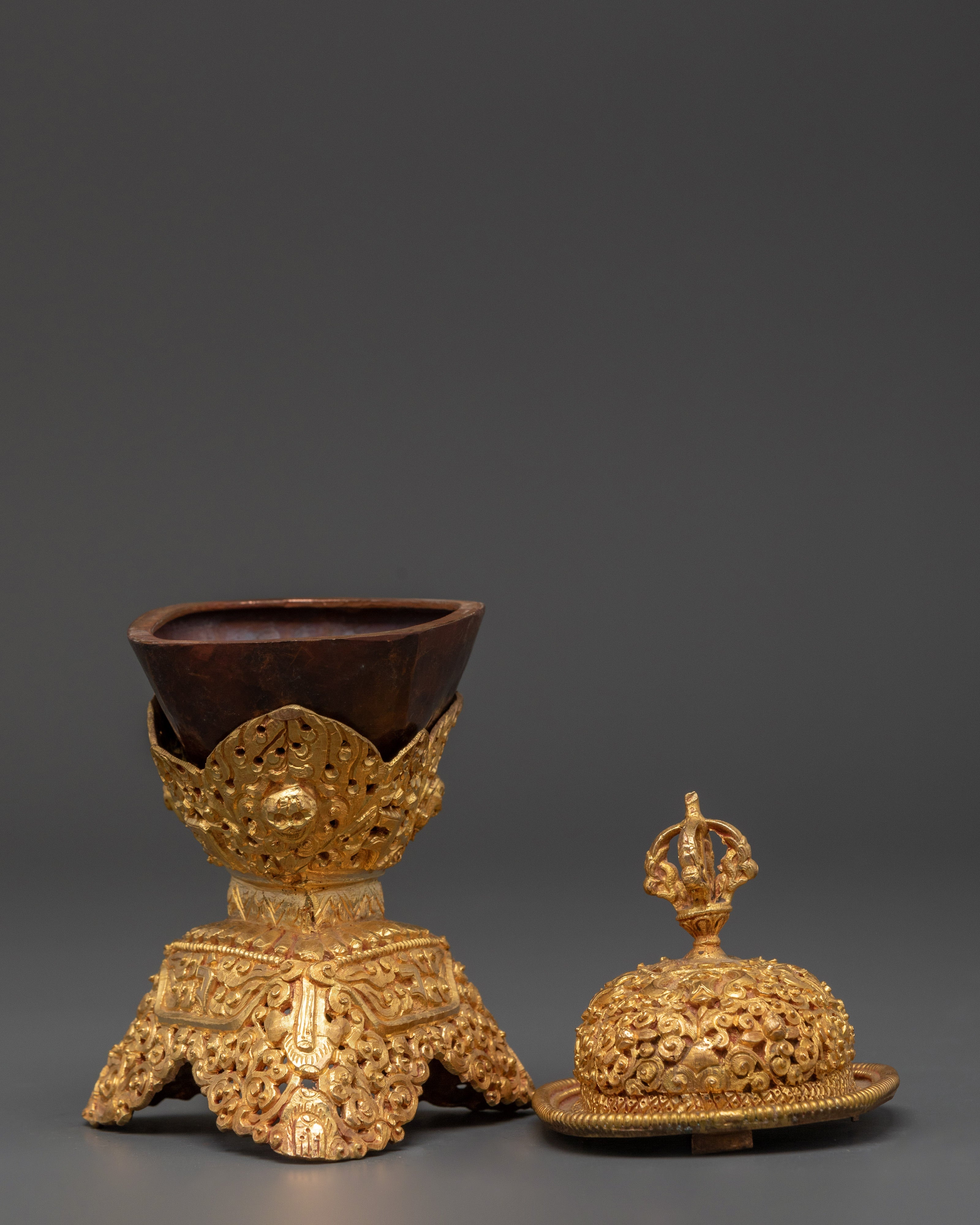 Handcrafted Ritual Kapala Set | Gold Plated Copper with Vajra Lid