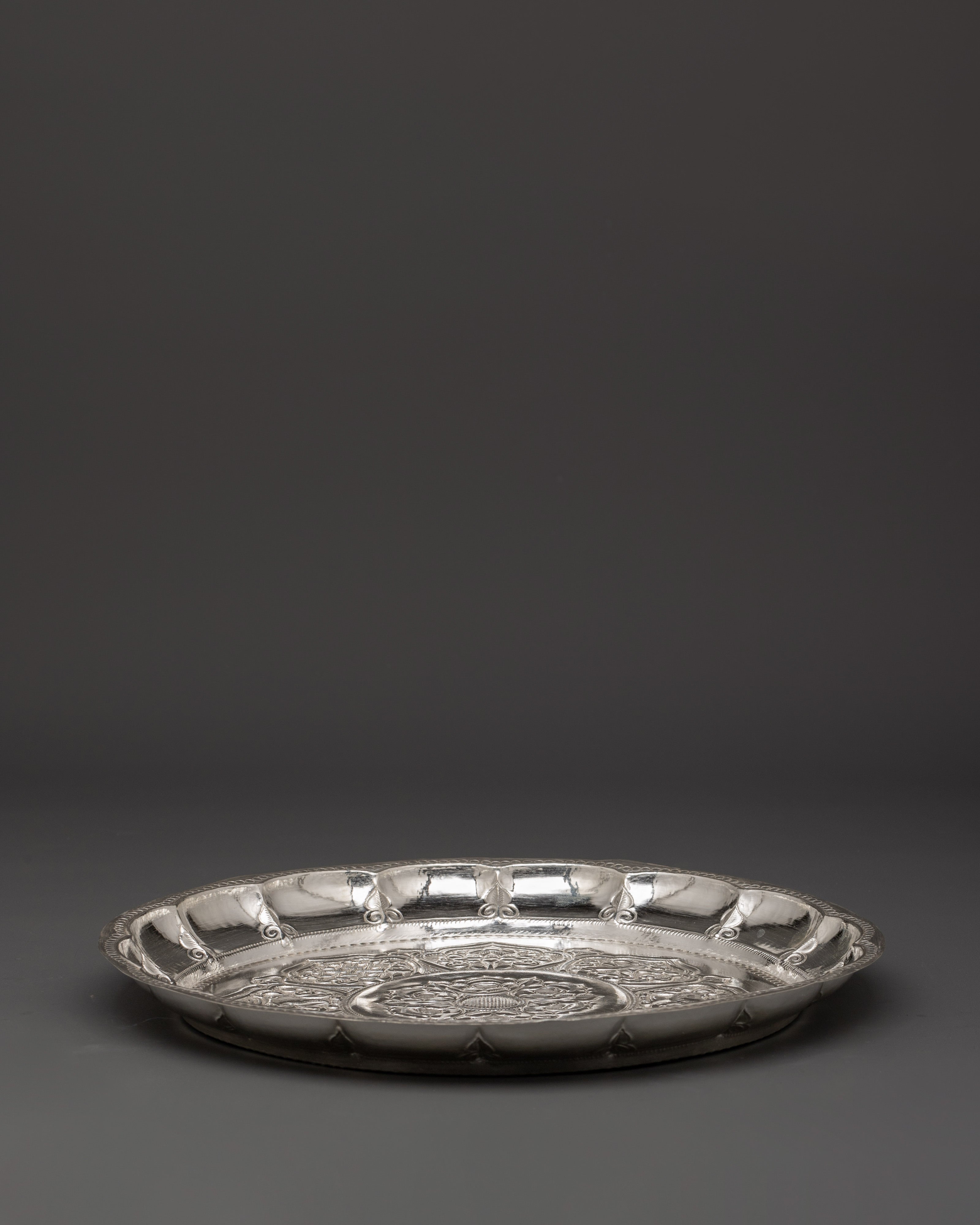 Pure Silver Pooja Thali with 8 Auspicious Symbols | Tibetan Buddhist Altar Plate for Rituals