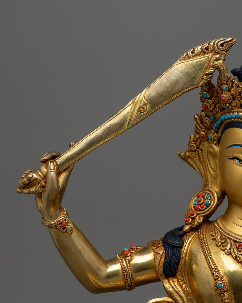 24K Gold Gilded Tibetan Art of Manjushri |  Authentic Handcrafted Wisdom Deity Sculpture