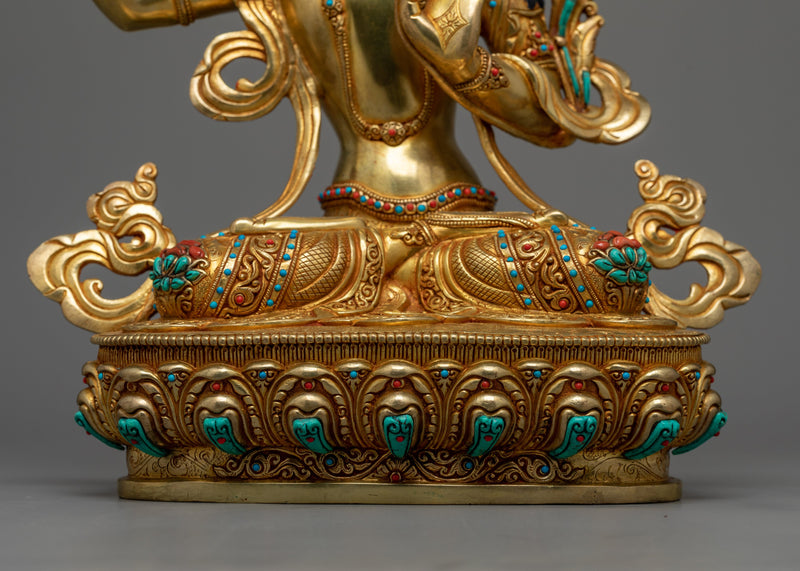 24K Gold Gilded Tibetan Art of Manjushri |  Authentic Handcrafted Wisdom Deity Sculpture