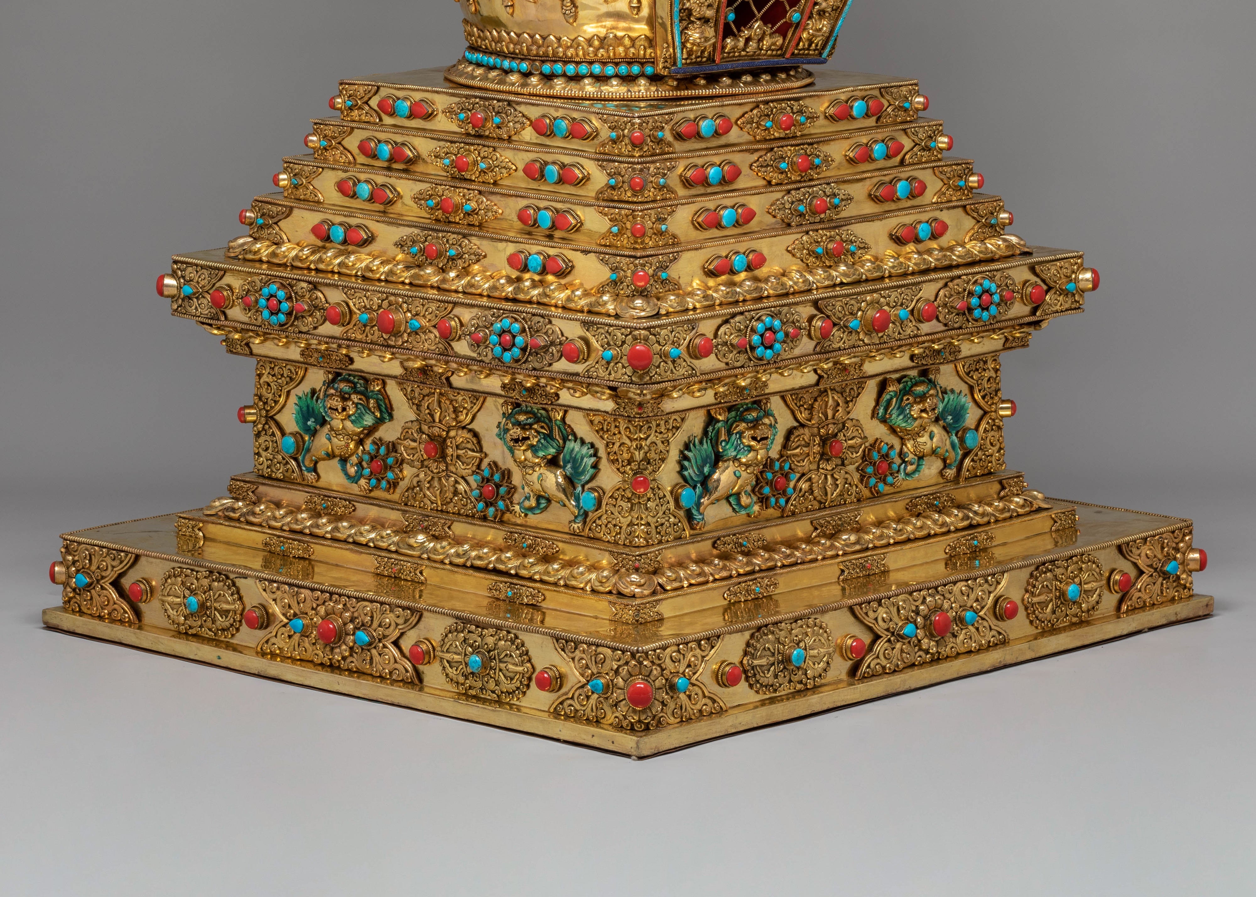 Buddhist Handcrafted Sacred Stupa | Gold-Plated Copper with Coral & Turquoise