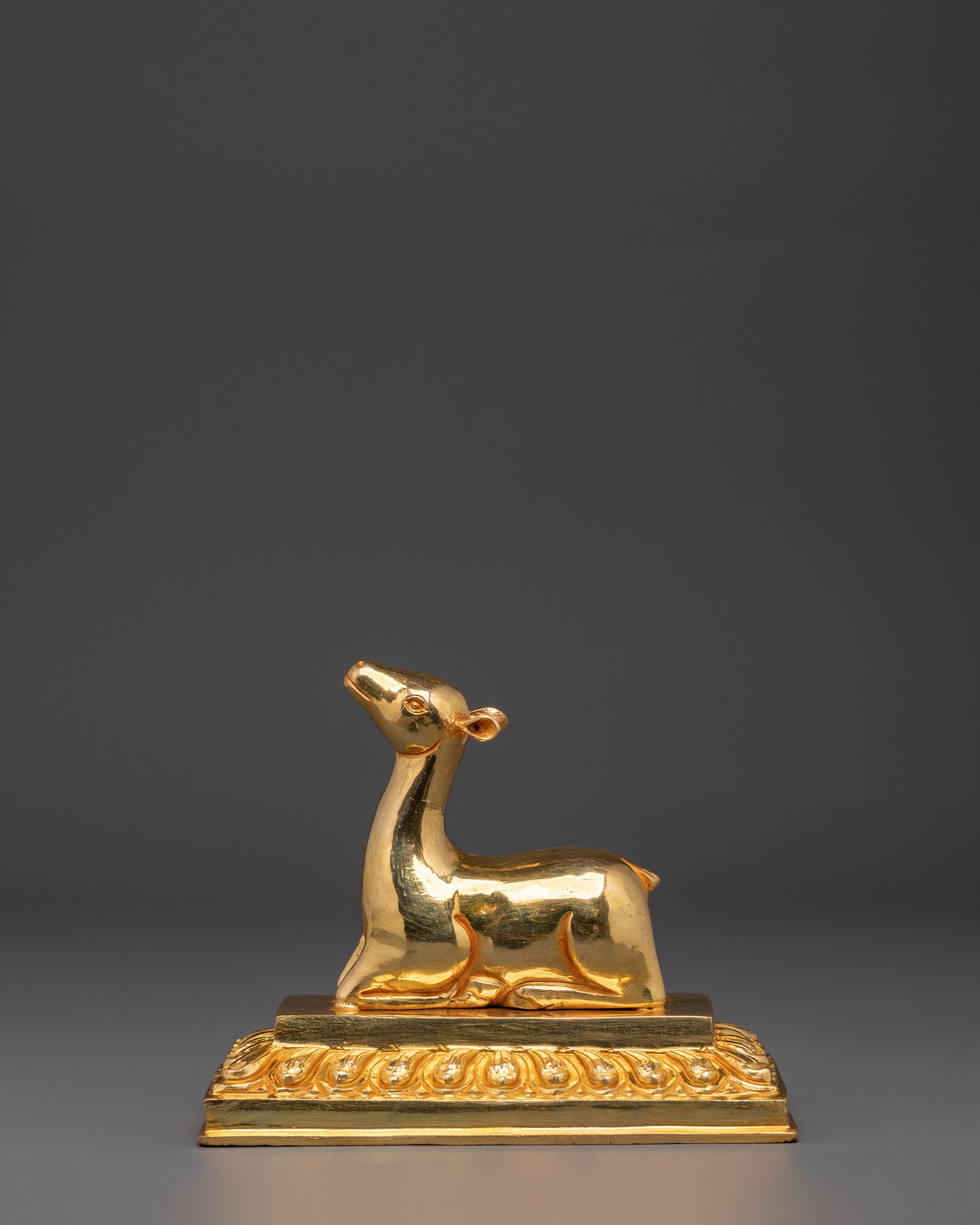 Gold Plated Dharma Wheel with Deer | Tibetan Buddhist Altar Symbol