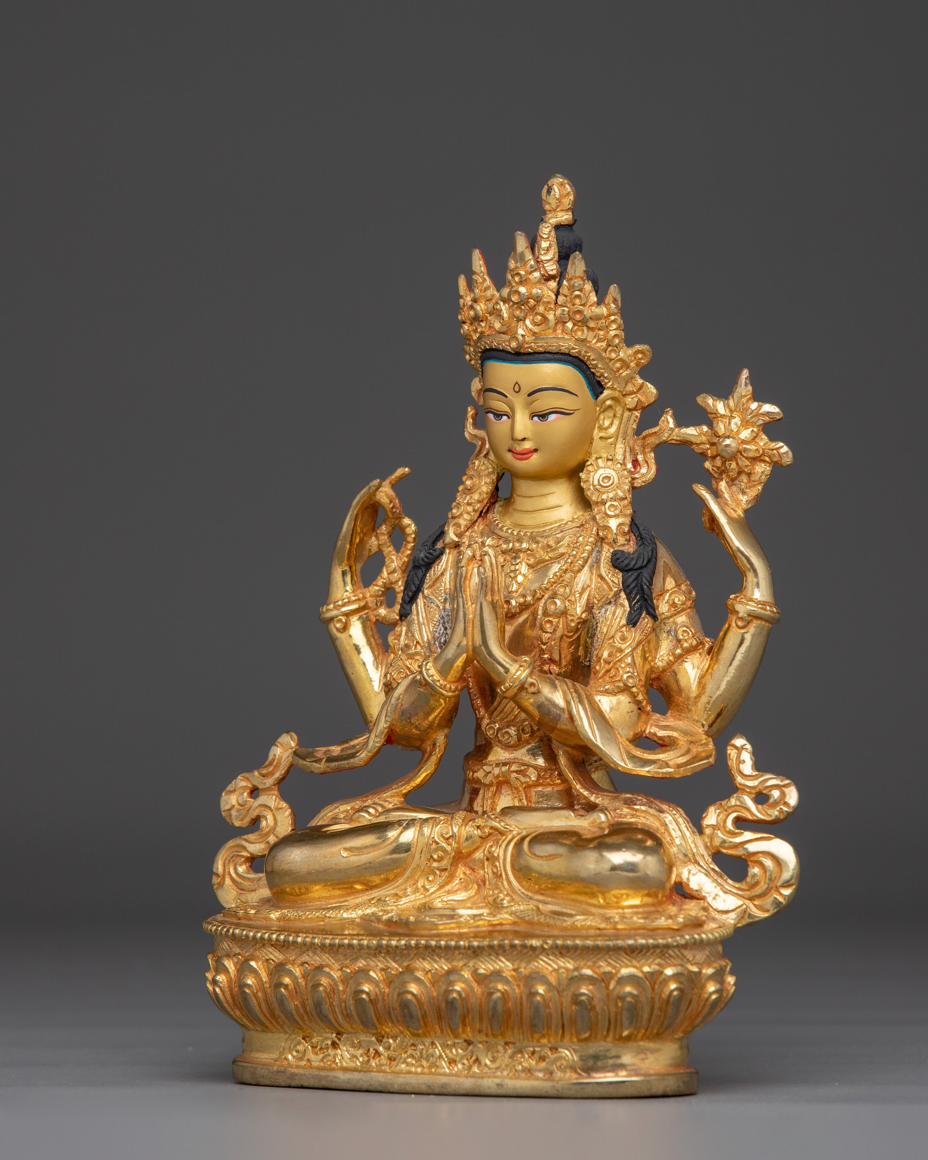Handmade Gold Gilded Chenrezig Art | Tibetan Bodhisattva of Compassion