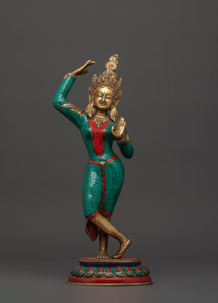 Maya Devi brass statue with turquoise