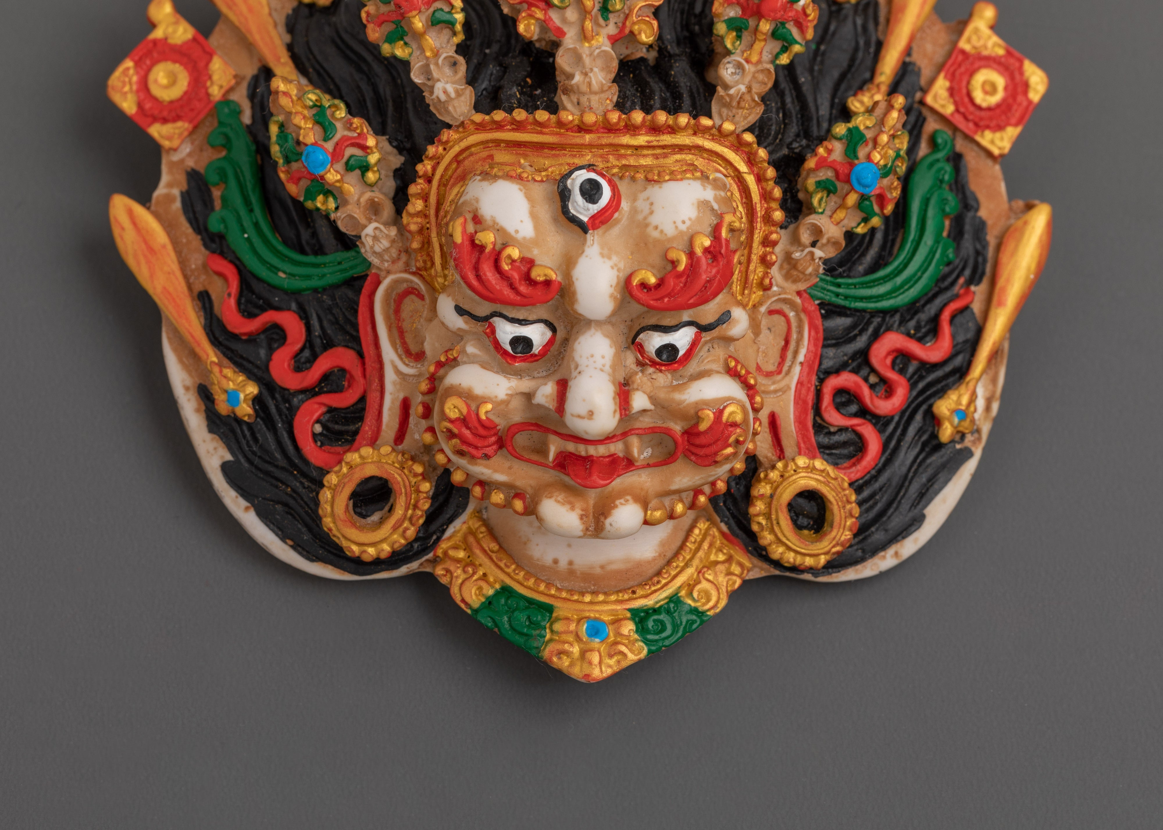 Bhairav Mask Sacred Wall Hanging | Tibetan Wooden Deity Mask