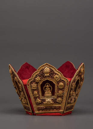 Oxidized Copper Tibetan Crown with 5 Dhyani Buddhas | Electro Gold Plated Headdress