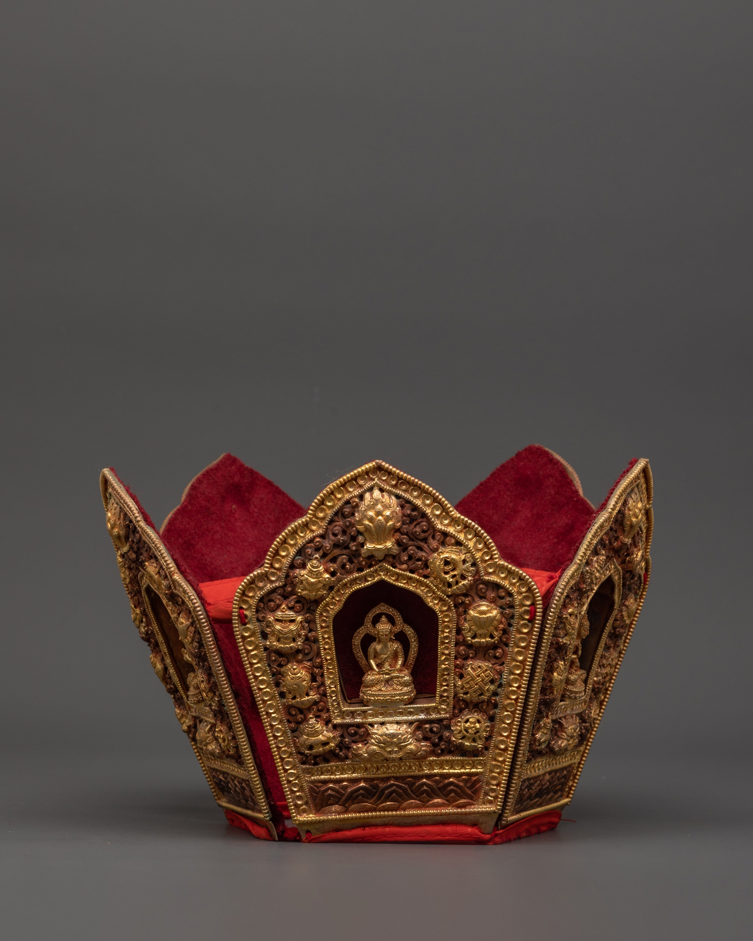 Oxidized Copper Tibetan Crown with 5 Dhyani Buddhas | Electro Gold Plated Headdress