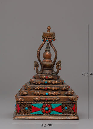 Authentic Buddhist Stupa in Oxidized Copper | Sacred Sculpture for Peace and Harmony