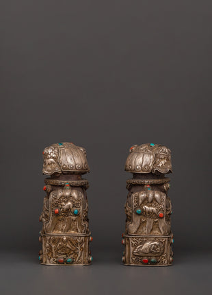 Tibetan Snow Lion Statue Set | Spiritual Decor with Antique Finish