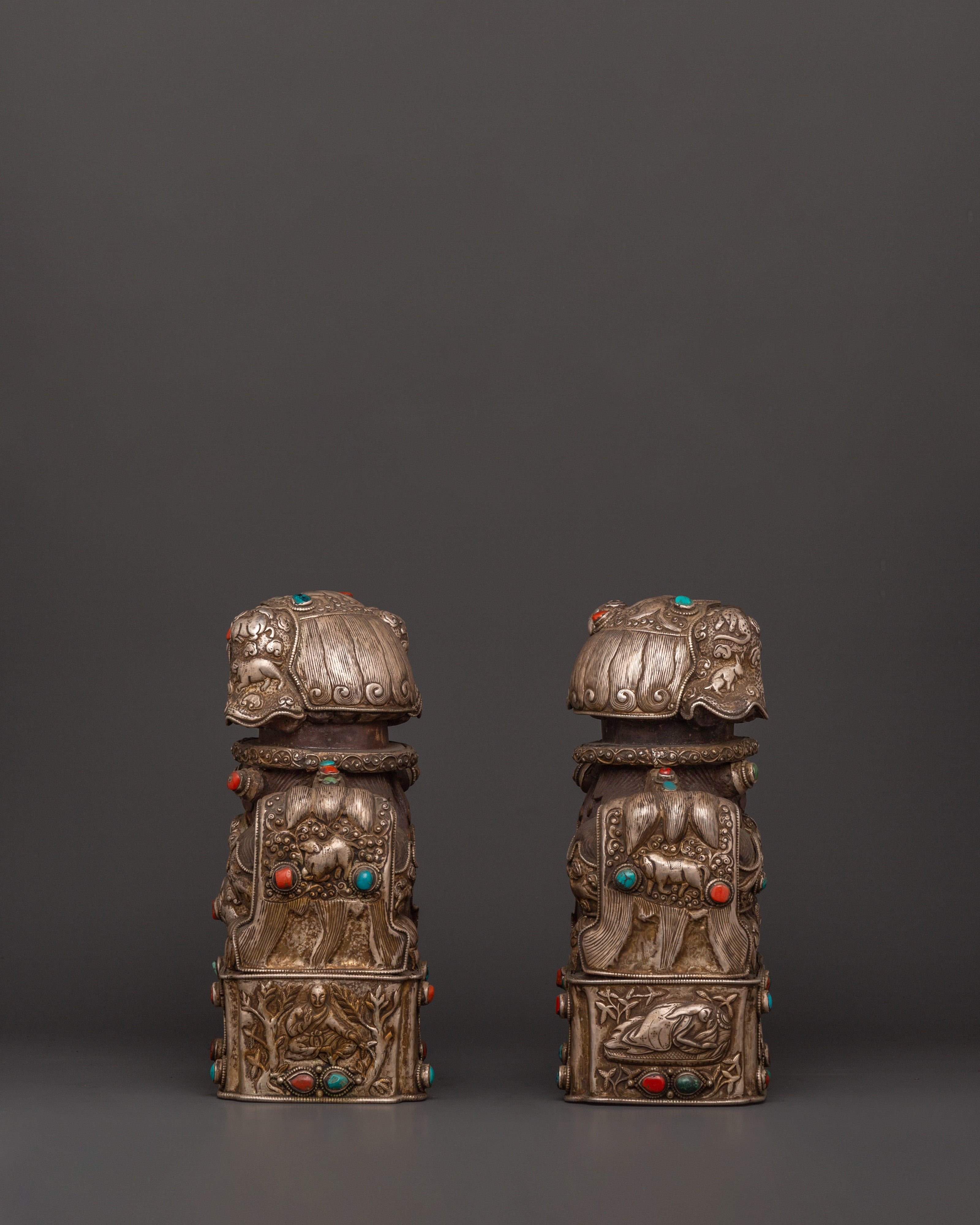 Tibetan Snow Lion Statue Set | Spiritual Decor with Antique Finish