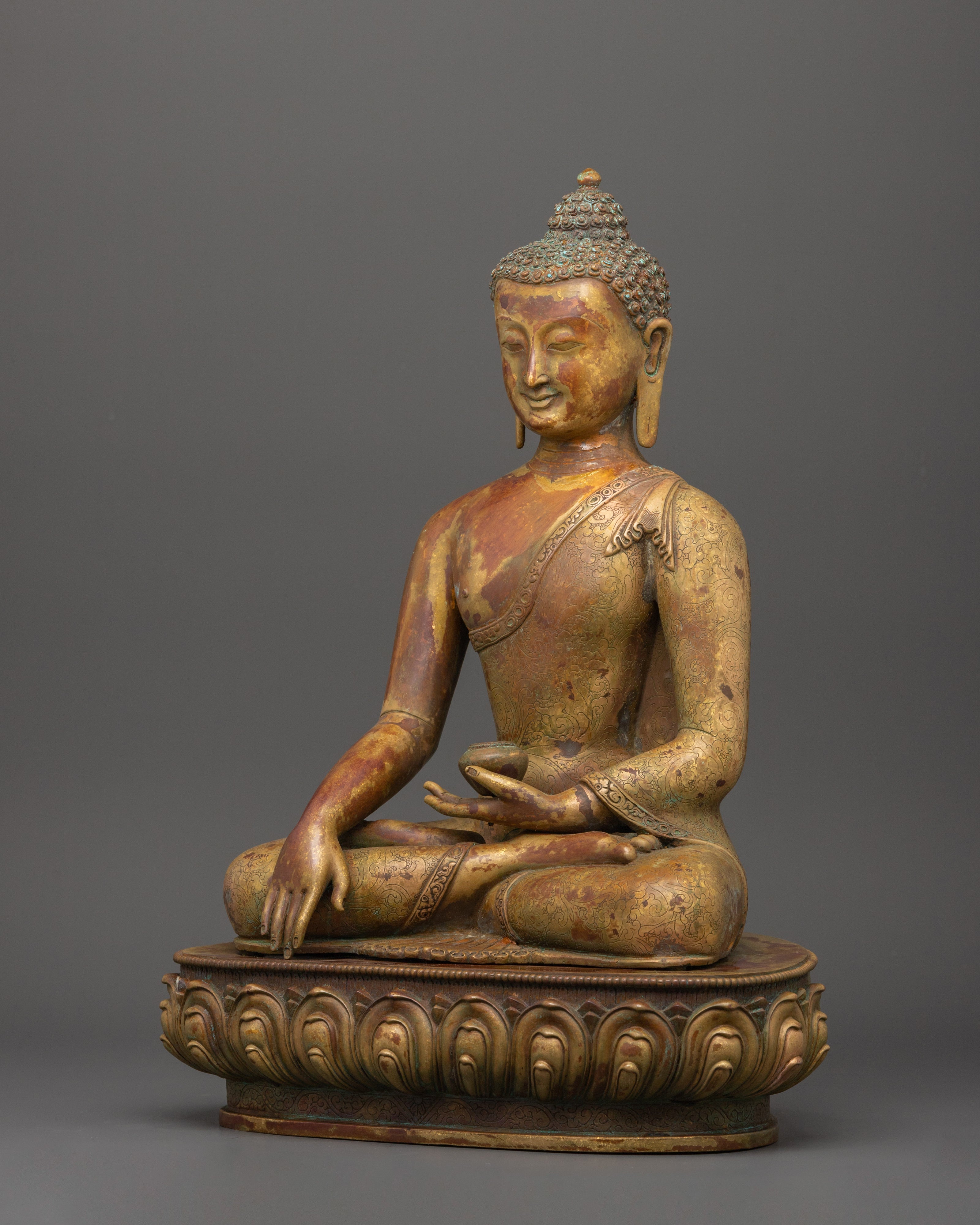 Tranquil Shakyamuni Buddha in Bhumisparsha Mudra | Gold-Plated Copper